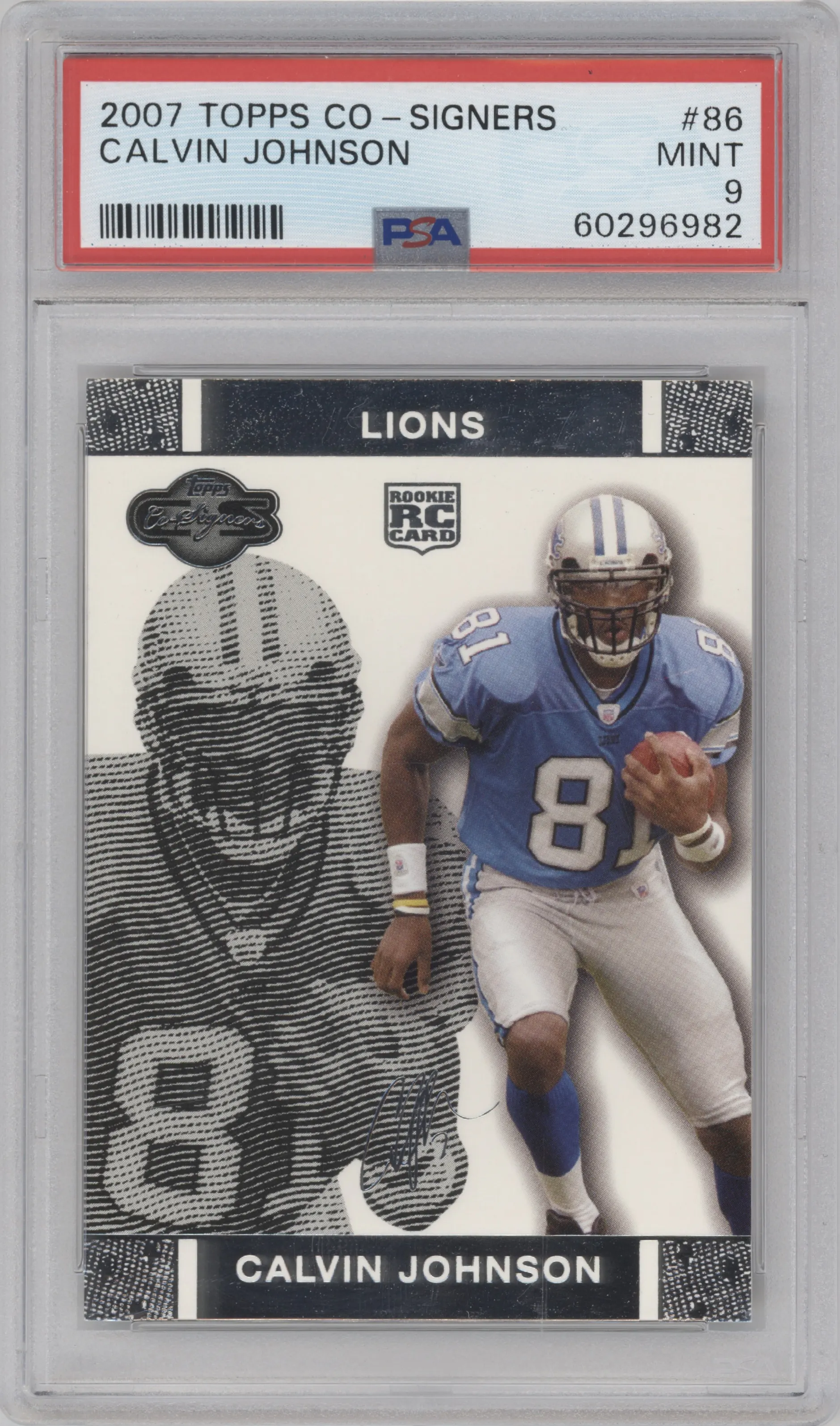 Calvin Johnson from the 2007 Topps Co-Signers set graded by PSA and given an overall grade of 9.