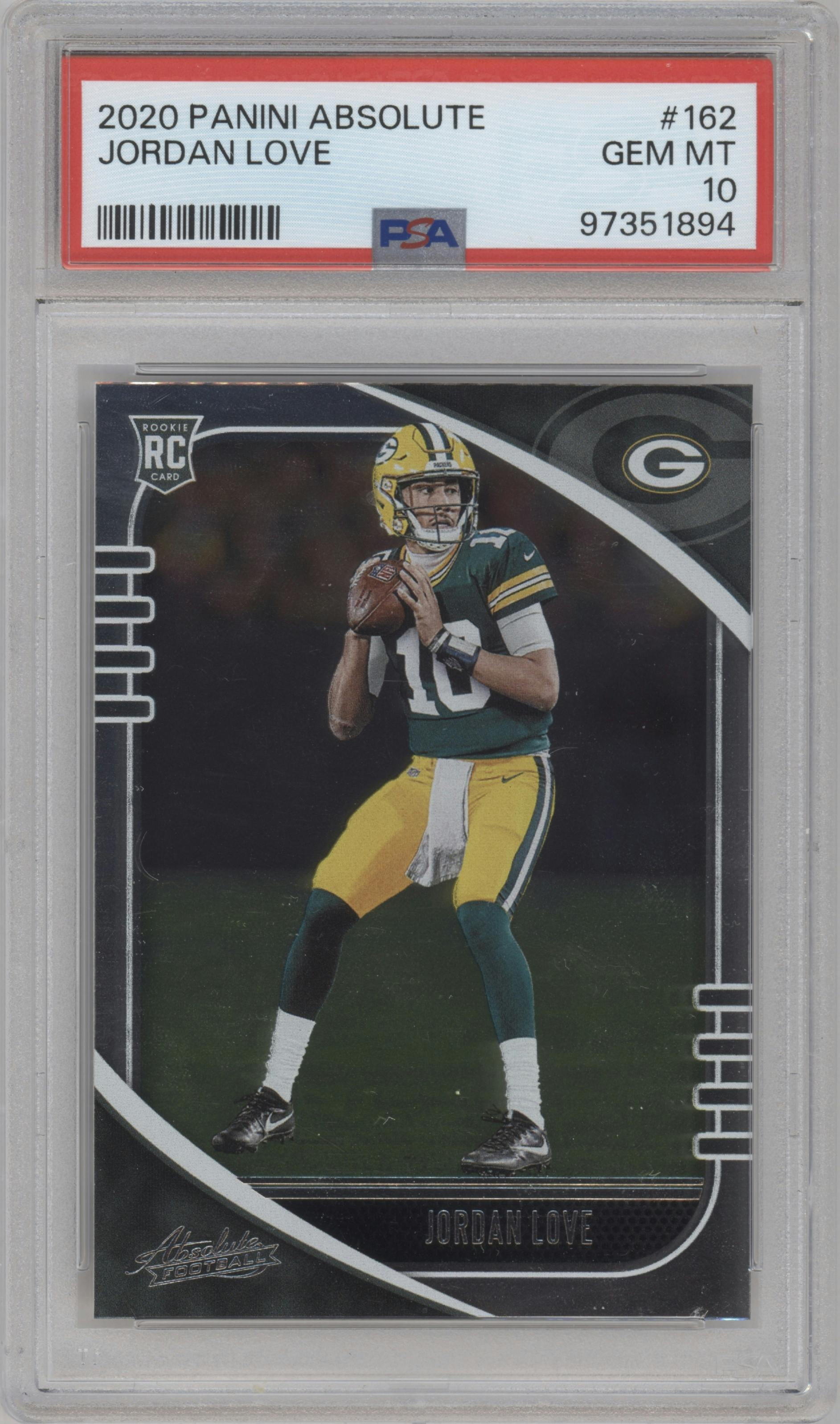 Jordan Love from the 2020 Panini Absolute set graded by PSA and given an overall grade of 10.