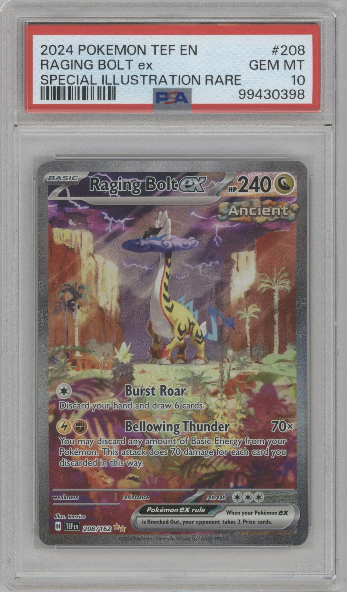 Raging Bolt ex from the 2024 Pokemon SV set graded by PSA and given an overall grade of 10.