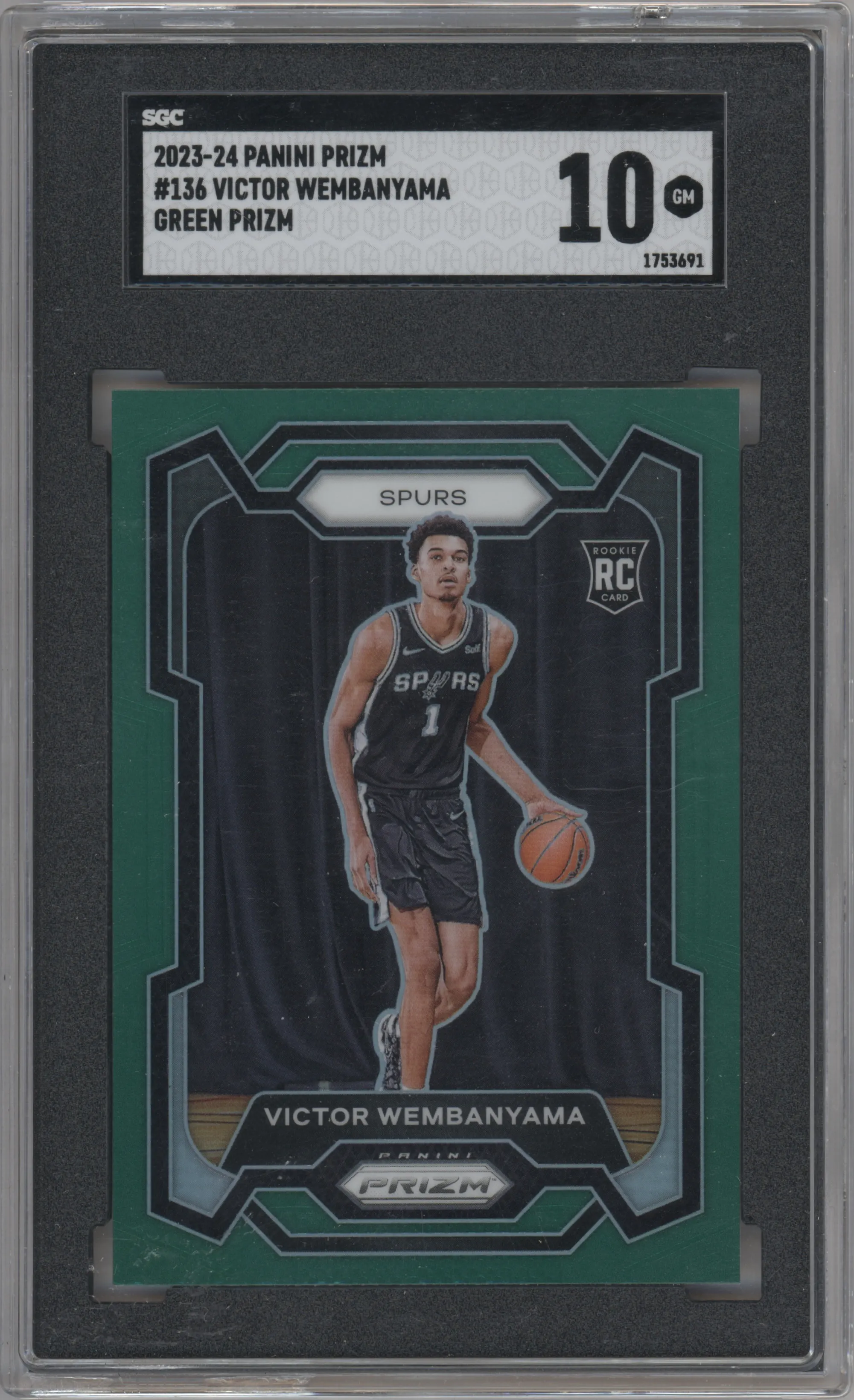 Victor Wembanyama from the 2023-24 Panini Prizm set featuring a Green Prizm parallel graded by SGC and given an overall grade of 10.