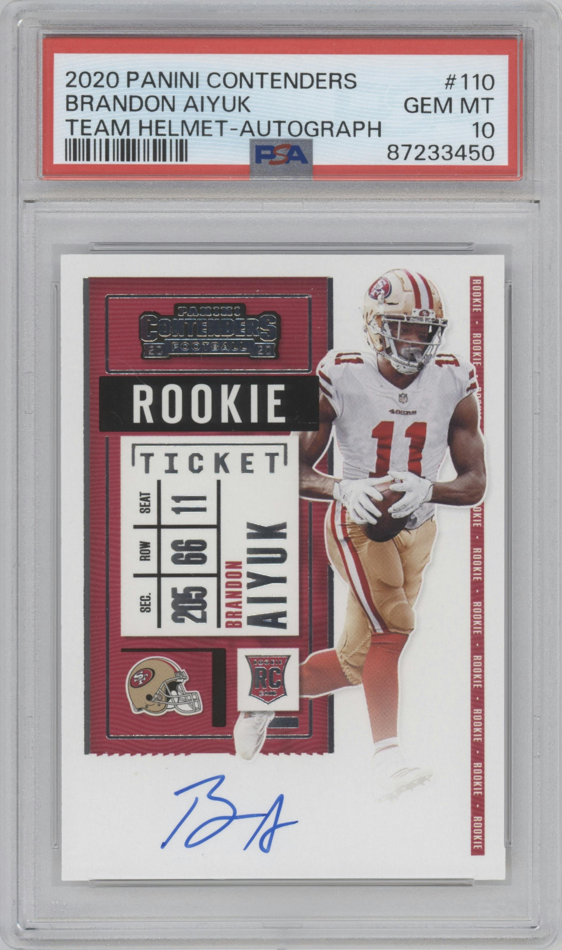 Brandon Aiyuk from the 2020 Panini Contenders set graded by PSA and given an overall grade of 10.