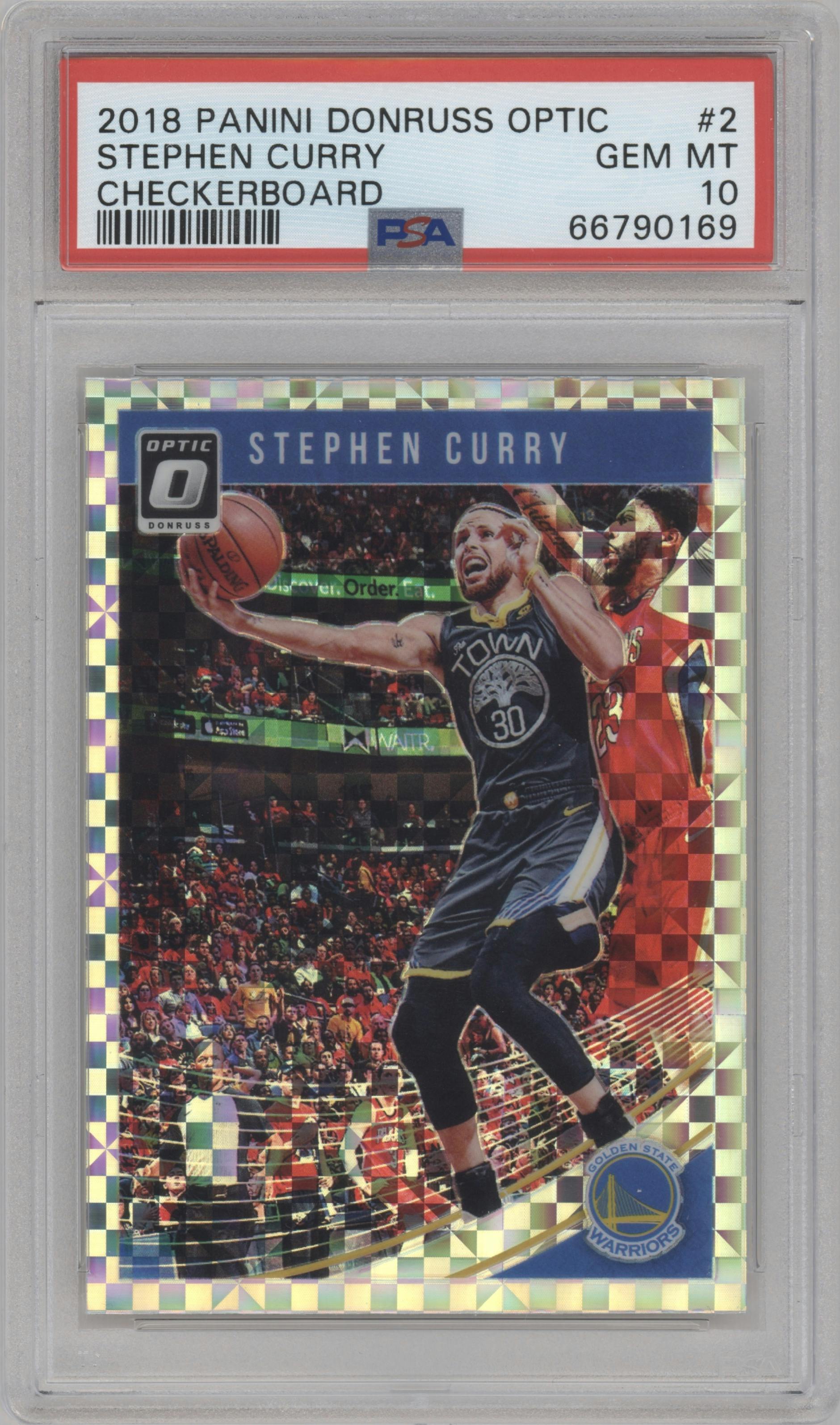 Stephen Curry from the 2018-19 Panini Donruss Optic set featuring a Checkerboard parallel graded by PSA and given an overall grade of 10.