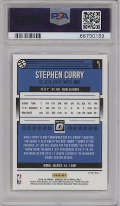 Stephen Curry from the 2018-19 Panini Donruss Optic set featuring a Checkerboard parallel graded by PSA and given an overall grade of 10.