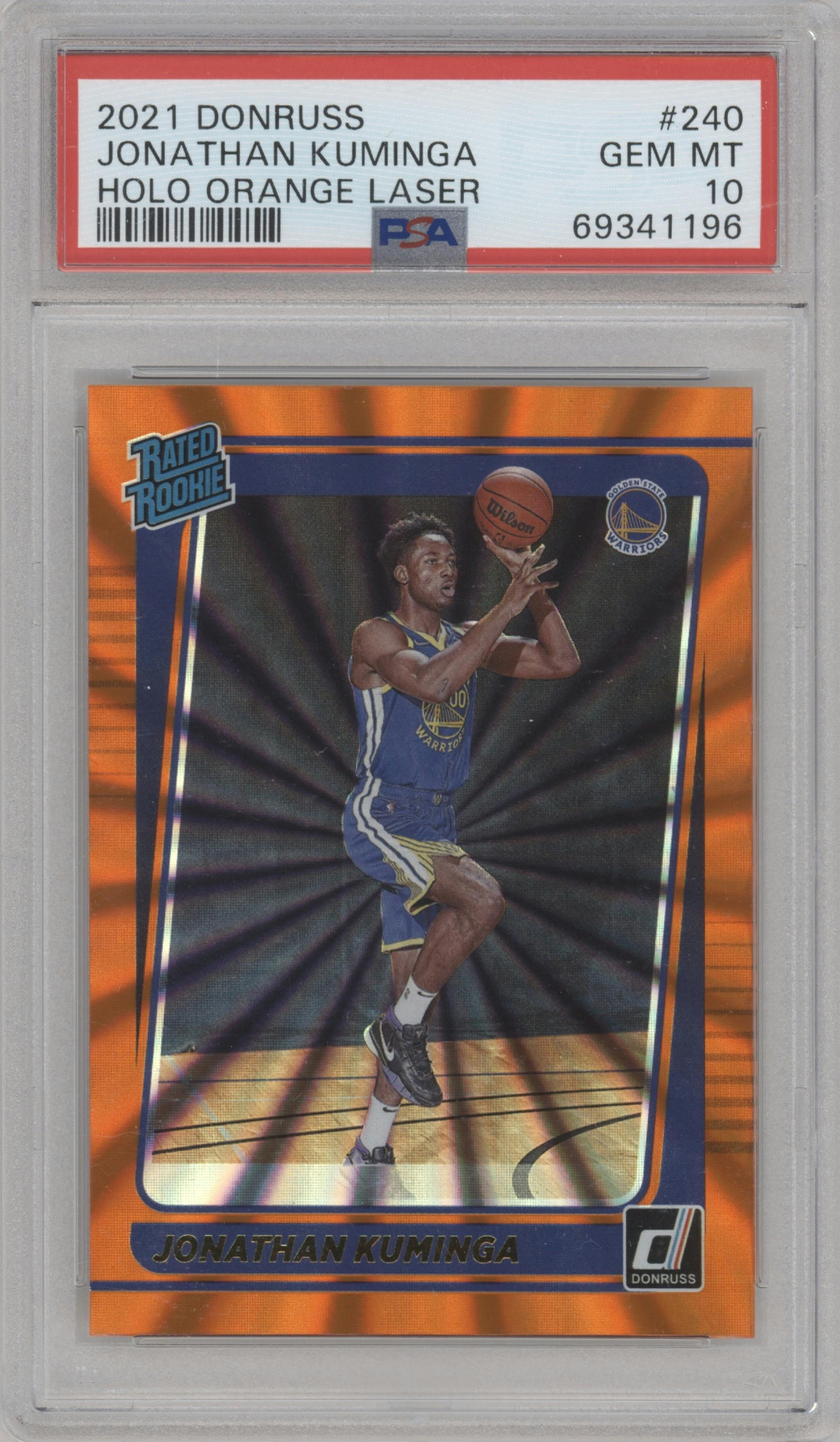 Jonathan Kuminga from the 2021-22 Panini Donruss set featuring a Orange Holo Laser parallel graded by PSA and given an overall grade of 10.