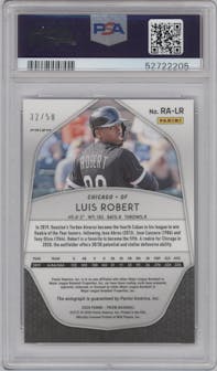 Luis Robert from the 2020 Panini Prizm set featuring a Purple Prizm parallel graded by PSA and given an overall grade of 9.