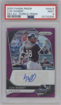 Luis Robert from the 2020 Panini Prizm set featuring a Purple Prizm parallel graded by PSA and given an overall grade of 9.