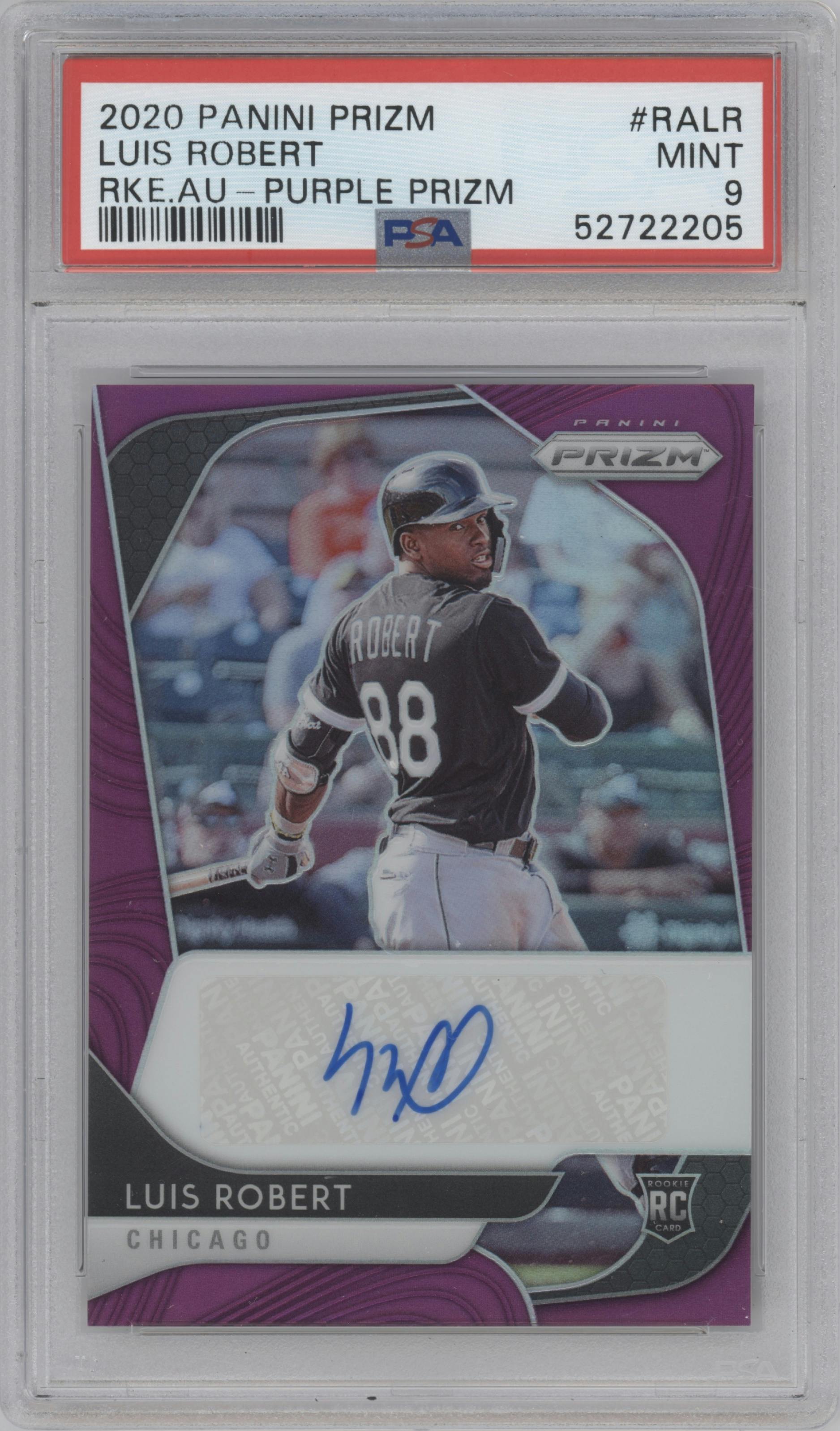 Luis Robert from the 2020 Panini Prizm set featuring a Purple Prizm parallel graded by PSA and given an overall grade of 9.