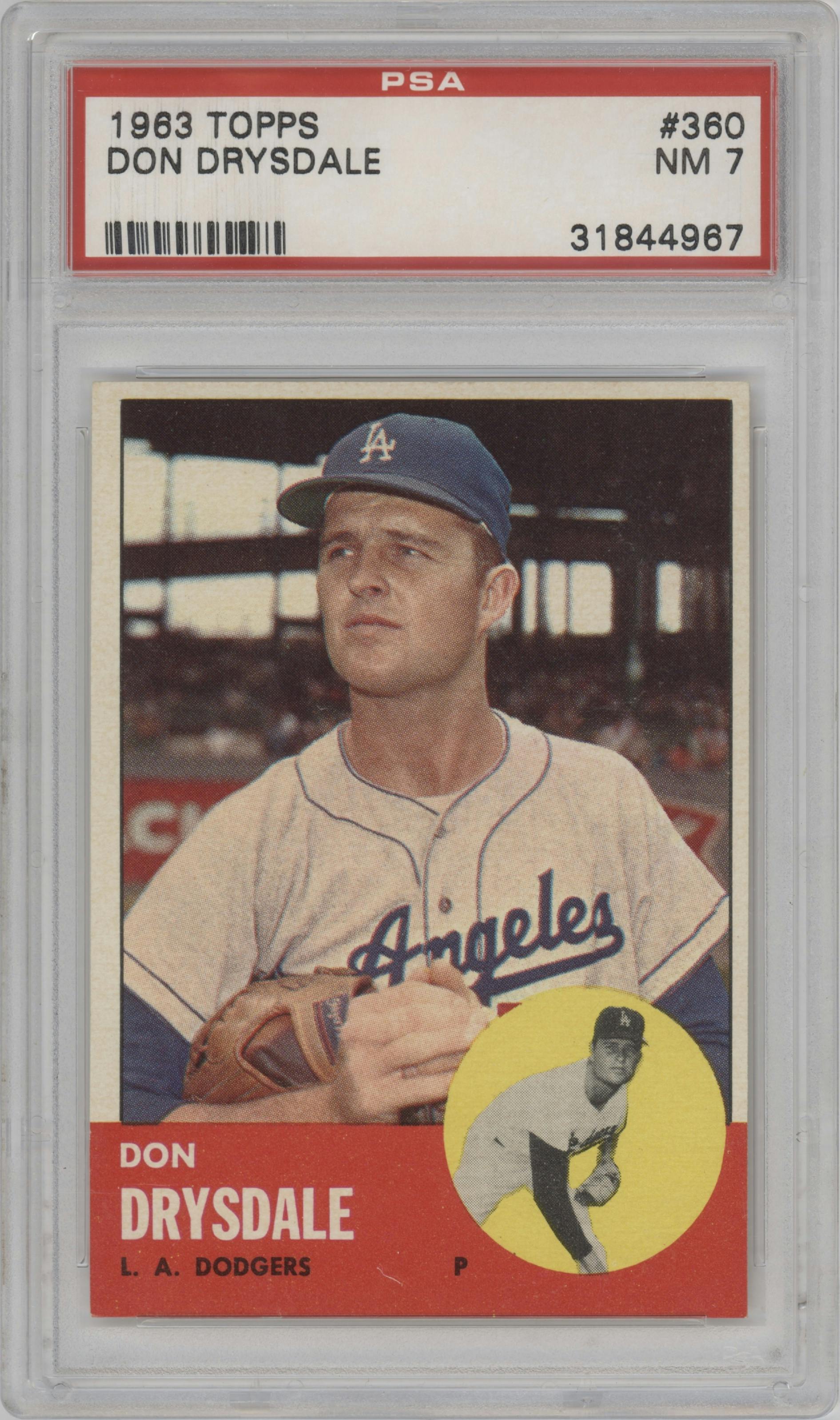 Don Drysdale from the 1963 Topps set graded by PSA and given an overall grade of 7.