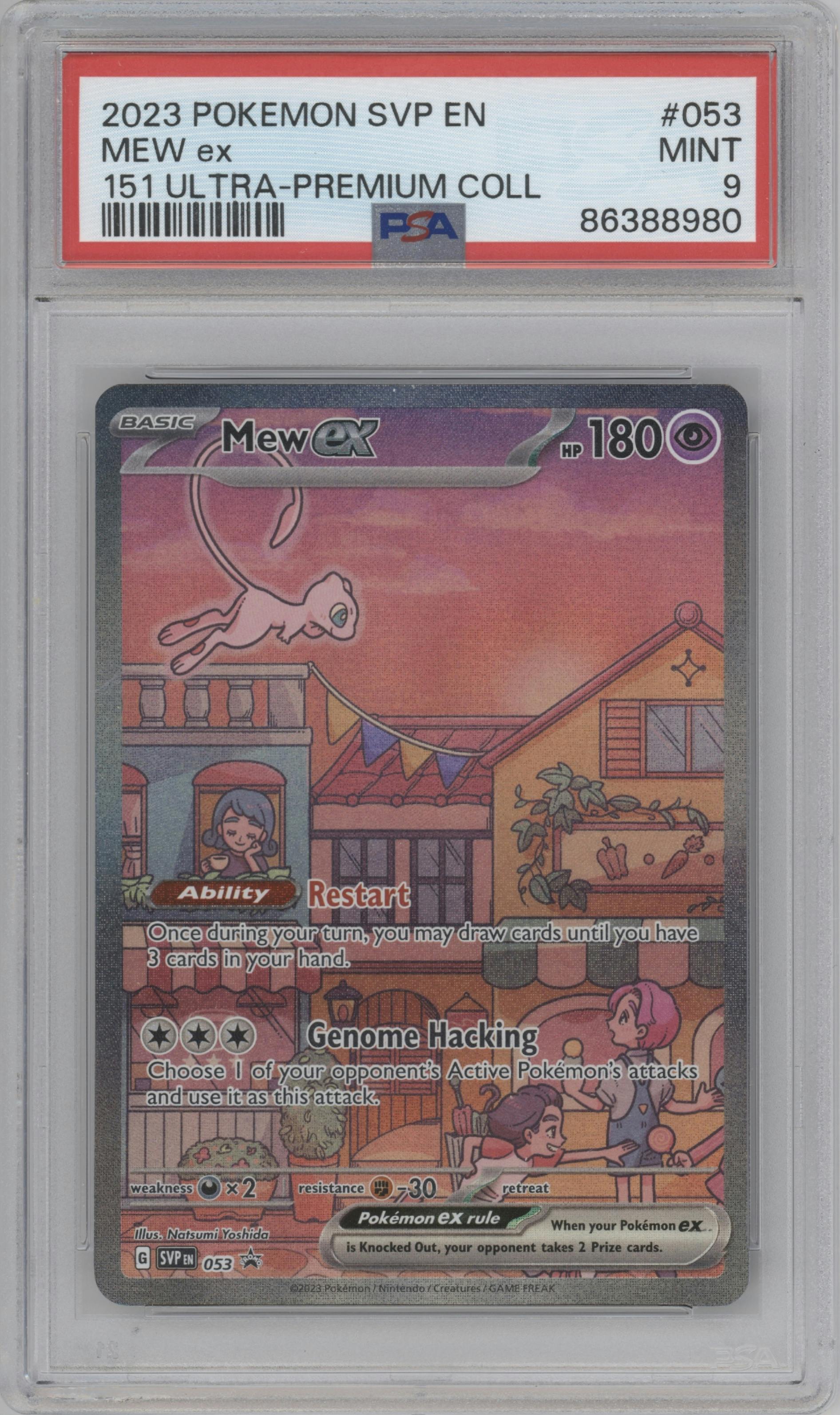 Mew ex from the 2023 Pokemon SV set featuring a Ultra Premium Collection parallel graded by PSA and given an overall grade of 9.