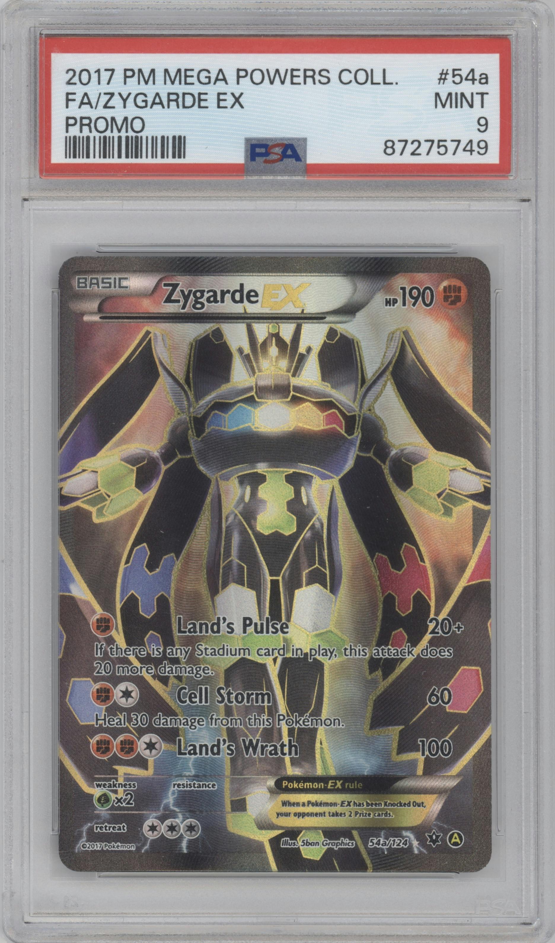 Zygarde EX from the 2017 Pokemon XY set featuring a  Mega Powers Collection parallel graded by PSA and given an overall grade of 9.