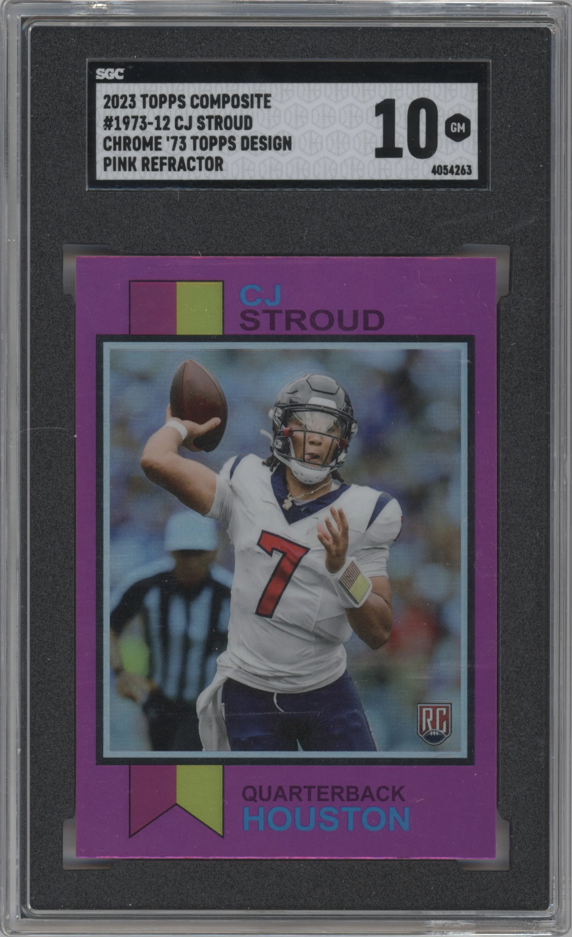 CJ Stroud from the 2023 Topps Composite set featuring a Pink Refractor parallel graded by SGC and given an overall grade of 10.