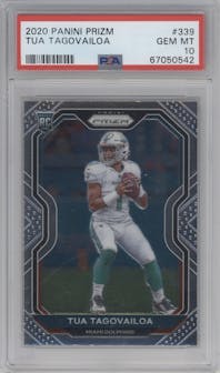 Tua Tagovailoa from the 2020 Panini Prizm set graded by PSA and given an overall grade of 10.