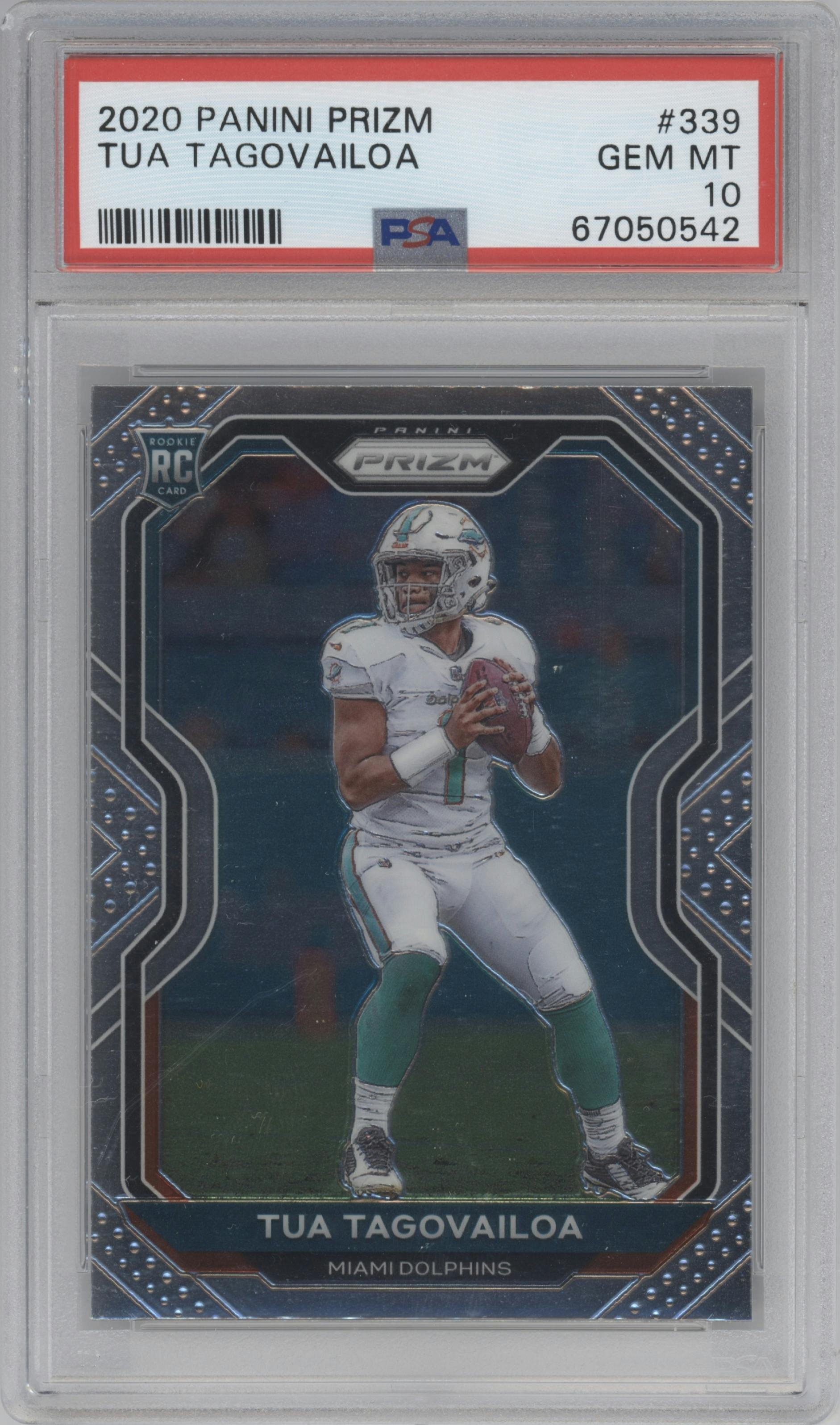 Tua Tagovailoa from the 2020 Panini Prizm set graded by PSA and given an overall grade of 10.