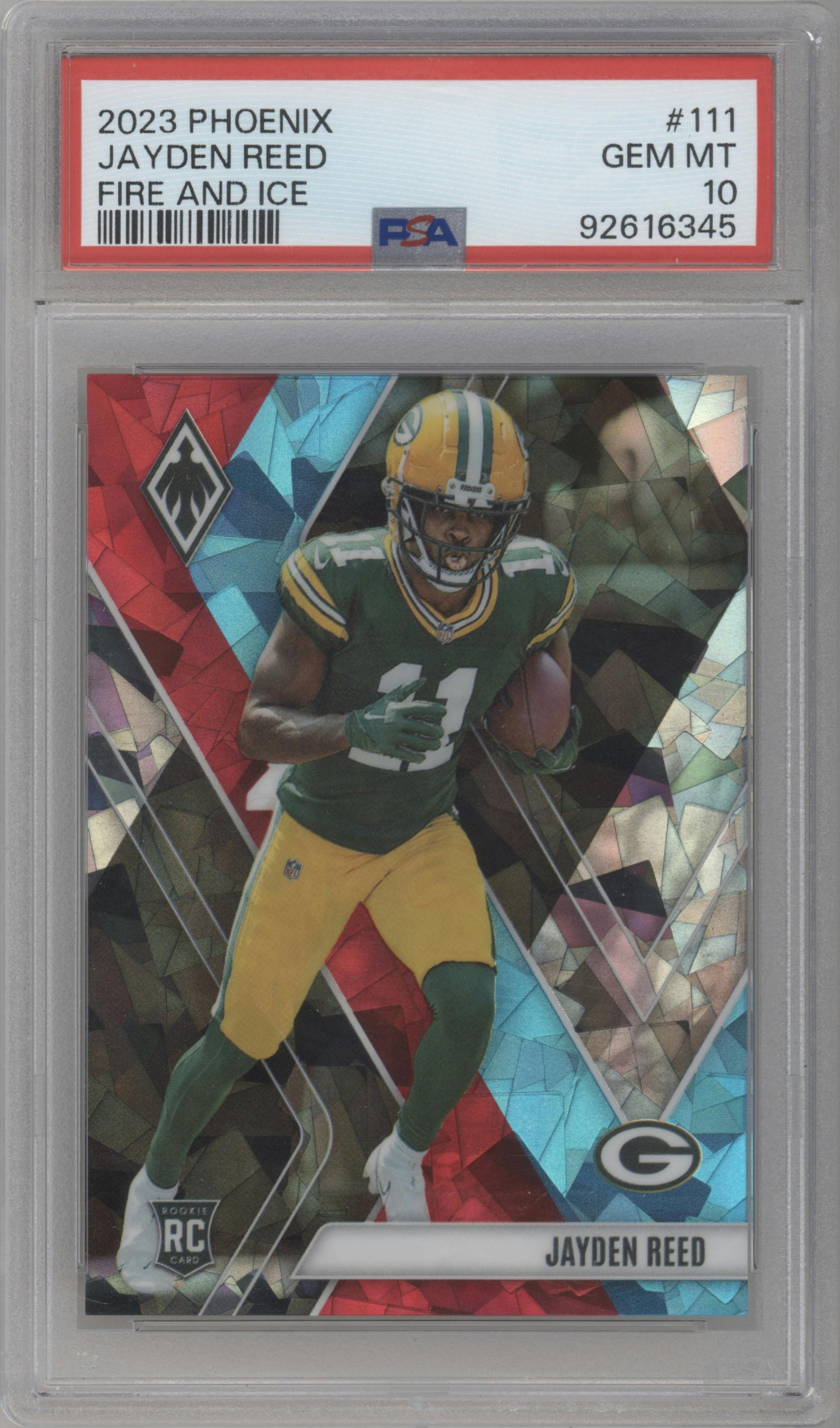 Jayden Reed from the 2023 Panini Phoenix set featuring a Fire and Ice parallel graded by PSA and given an overall grade of 10.