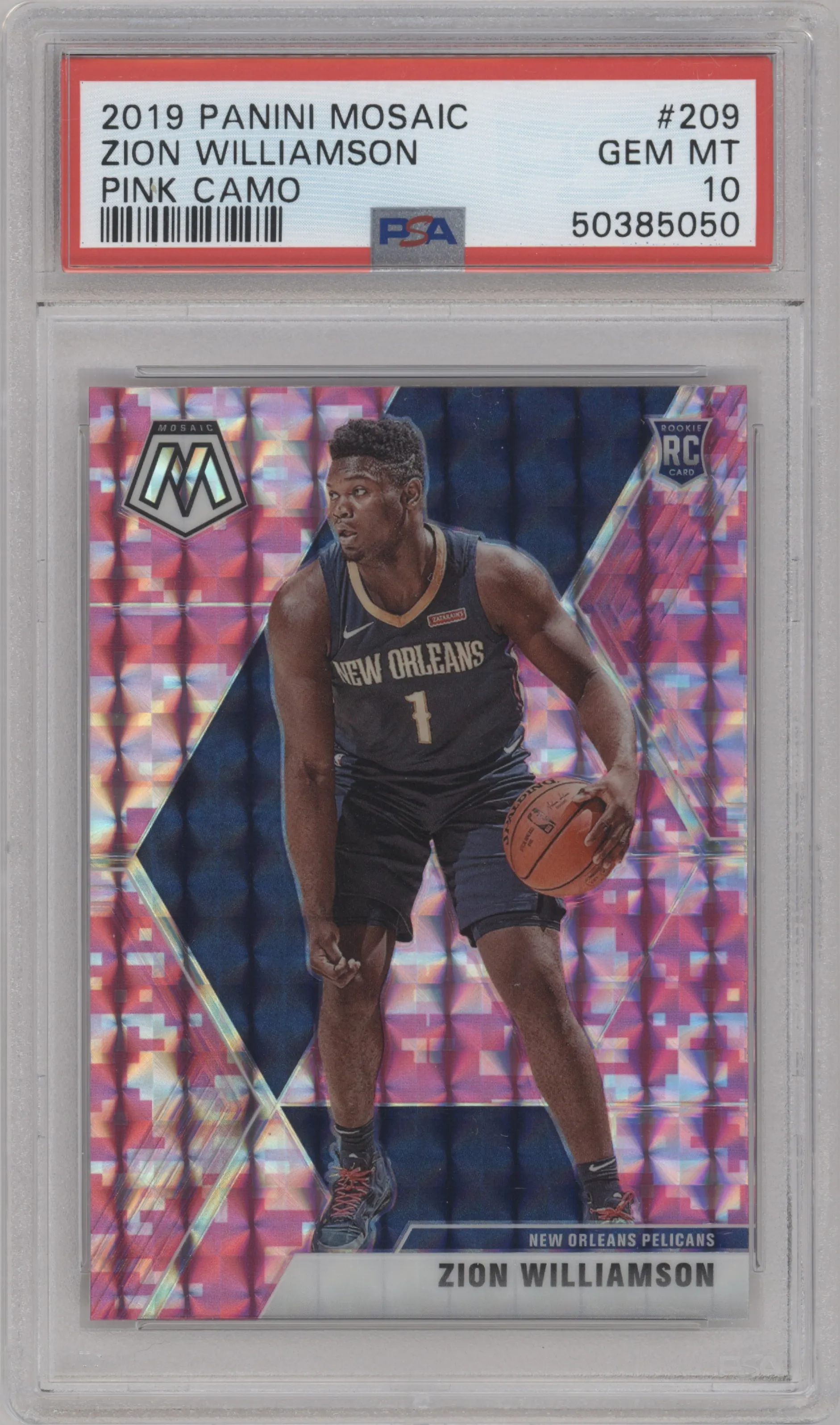Zion Williamson  from the 2019-20 Panini Mosaic  set featuring a Pink Camo parallel graded by PSA and given an overall grade of 10.