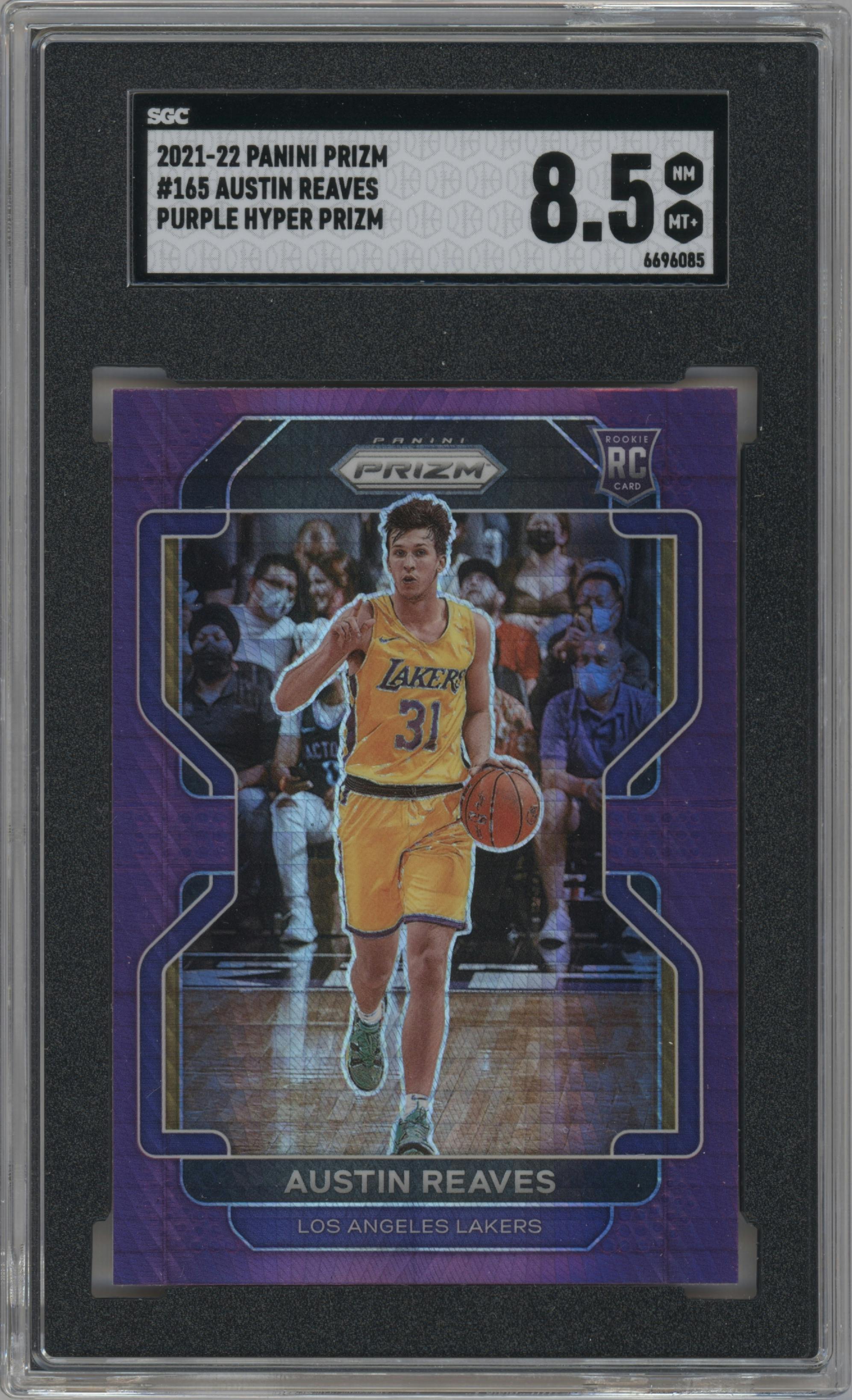 Austin Reaves from the 2021-22 Panini Prizm  set featuring a Factory Set Purple Hyper parallel graded by SGC and given an overall grade of 8.5.