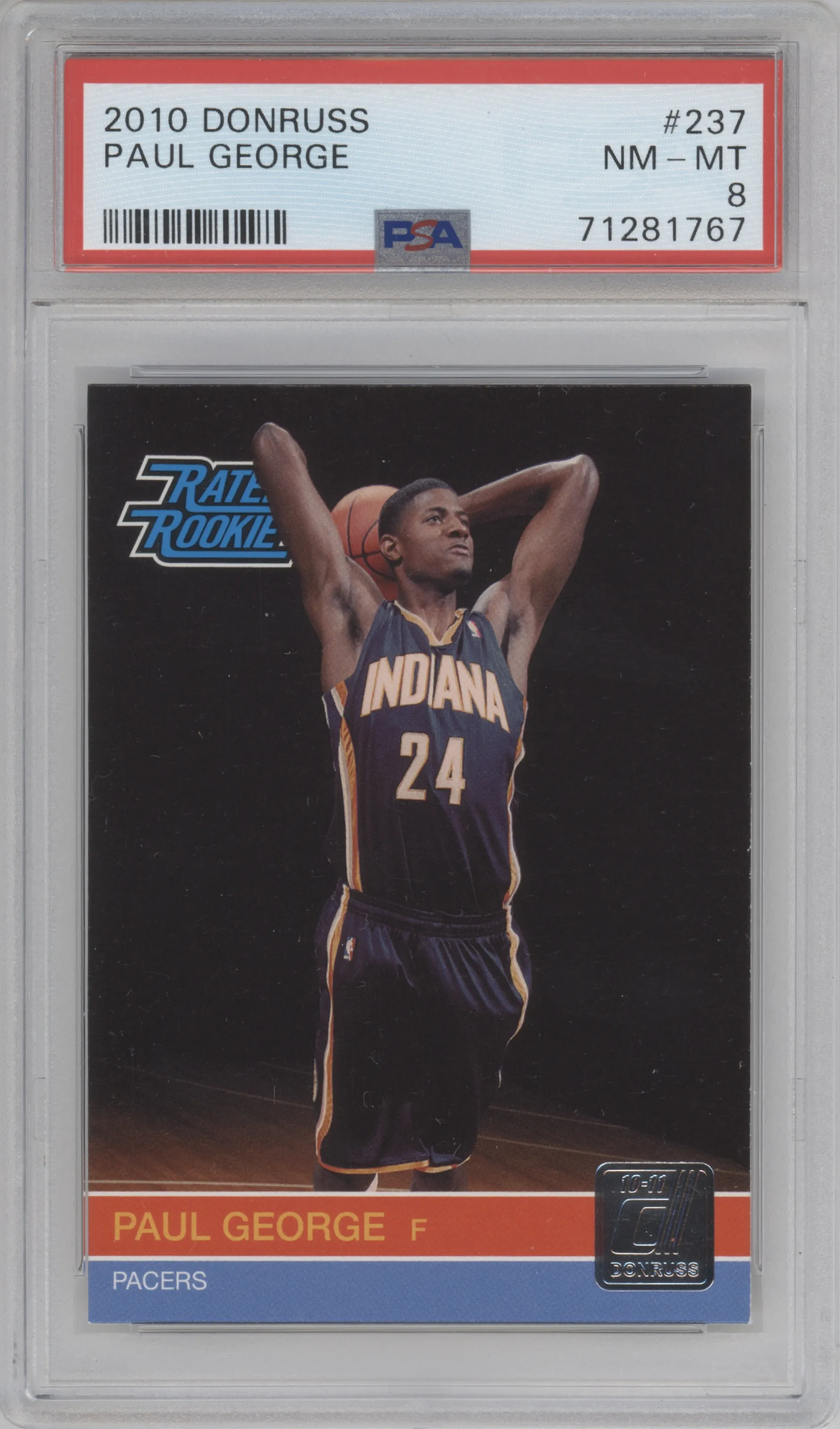 Paul George from the 2010-11 Donruss set graded by PSA and given an overall grade of 8.