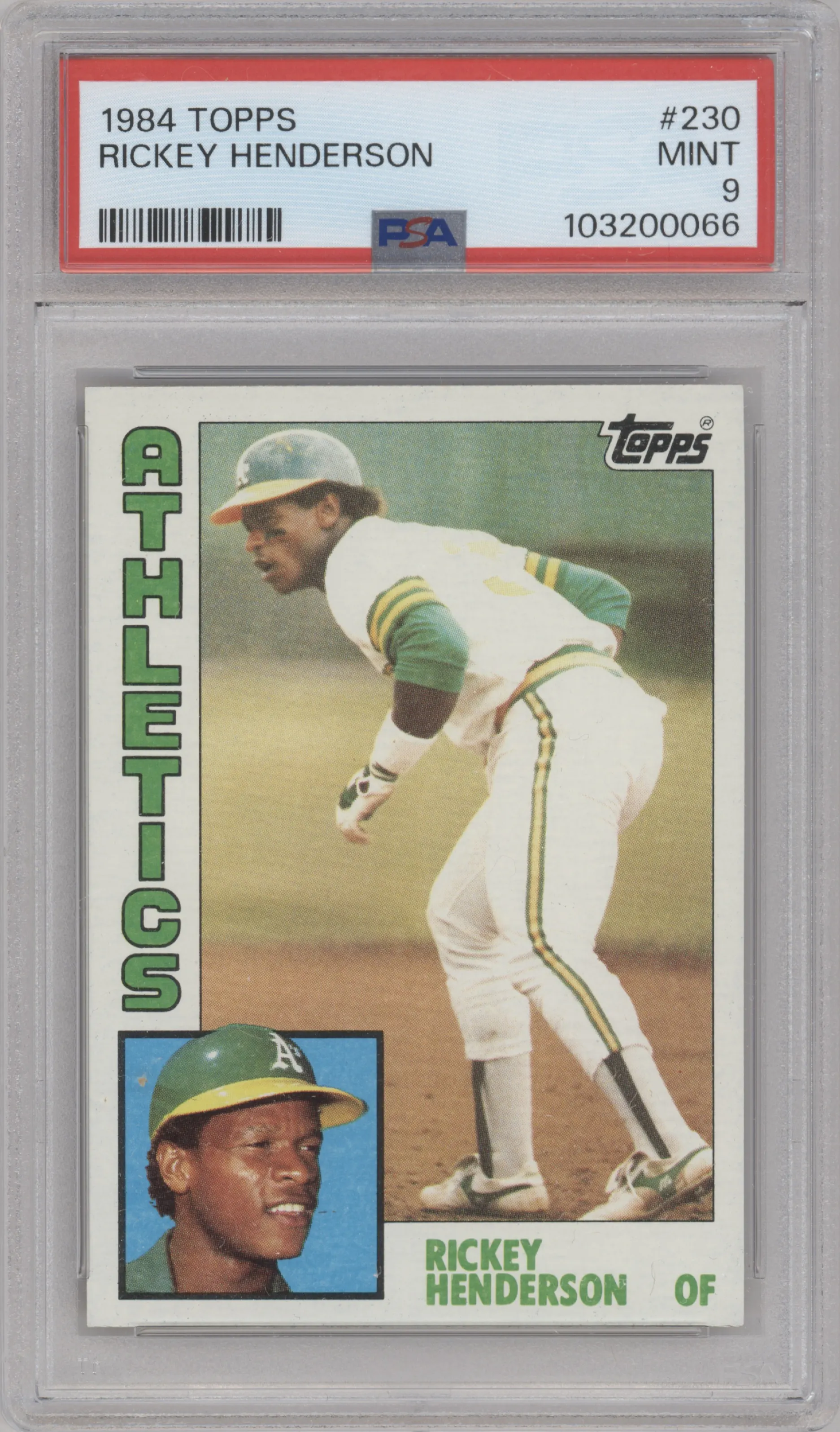 Rickey Henderson from the 1984 Topps set graded by PSA and given an overall grade of 9.
