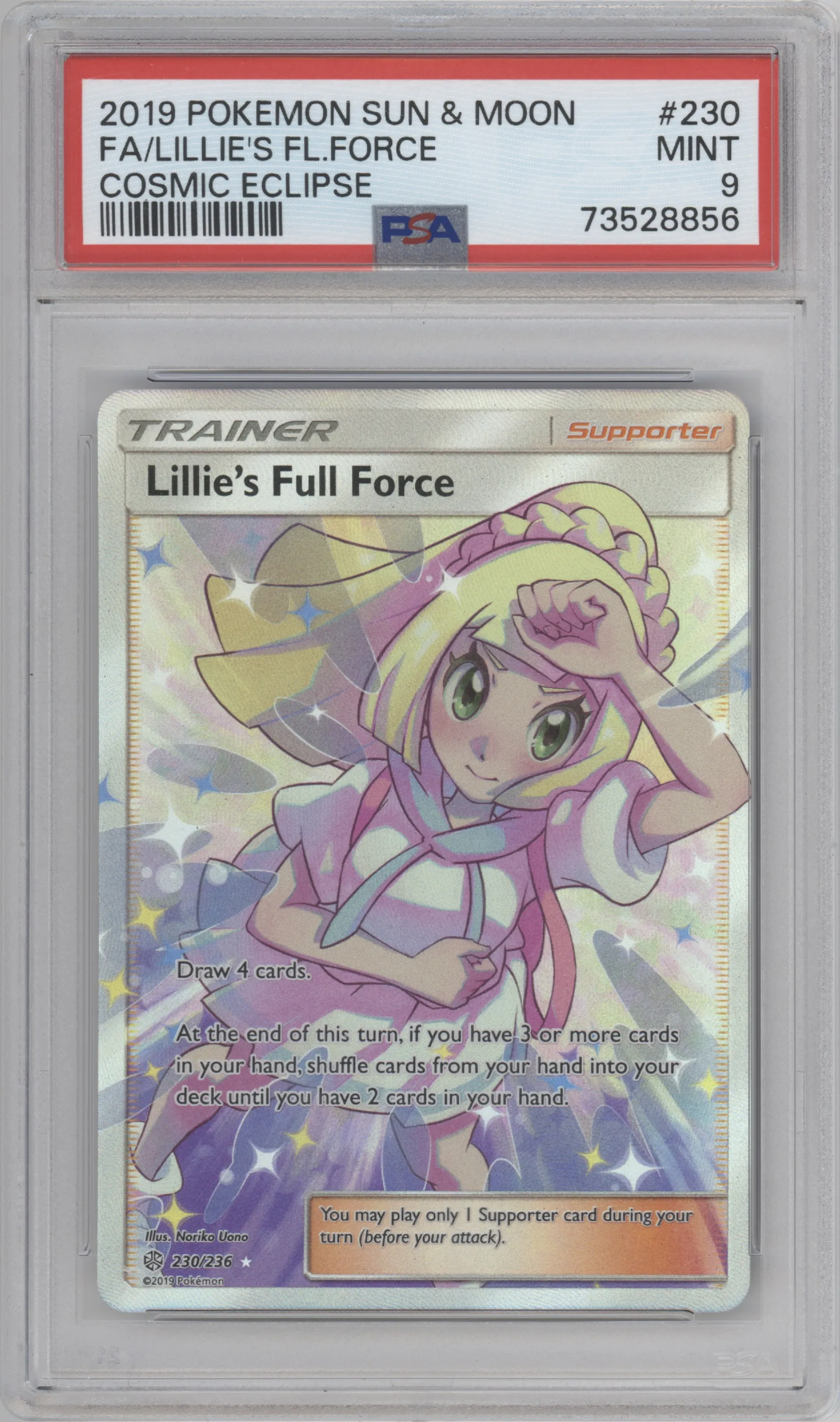 Lillie's Full Force from the 2019 Pokemon S&M  set graded by PSA and given an overall grade of 9.