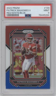 Patrick Mahomes II from the 2022 Panini Prizm set featuring a Red/White/Blue Prizm parallel graded by PSA and given an overall grade of 9.