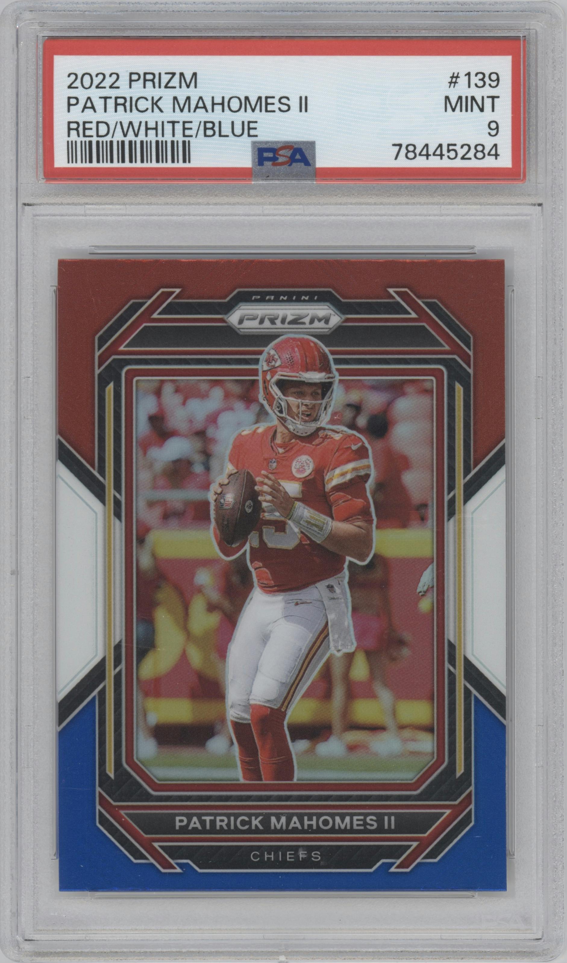 Patrick Mahomes II from the 2022 Panini Prizm set featuring a Red/White/Blue Prizm parallel graded by PSA and given an overall grade of 9.