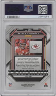 Patrick Mahomes II from the 2022 Panini Prizm set featuring a Red/White/Blue Prizm parallel graded by PSA and given an overall grade of 9.