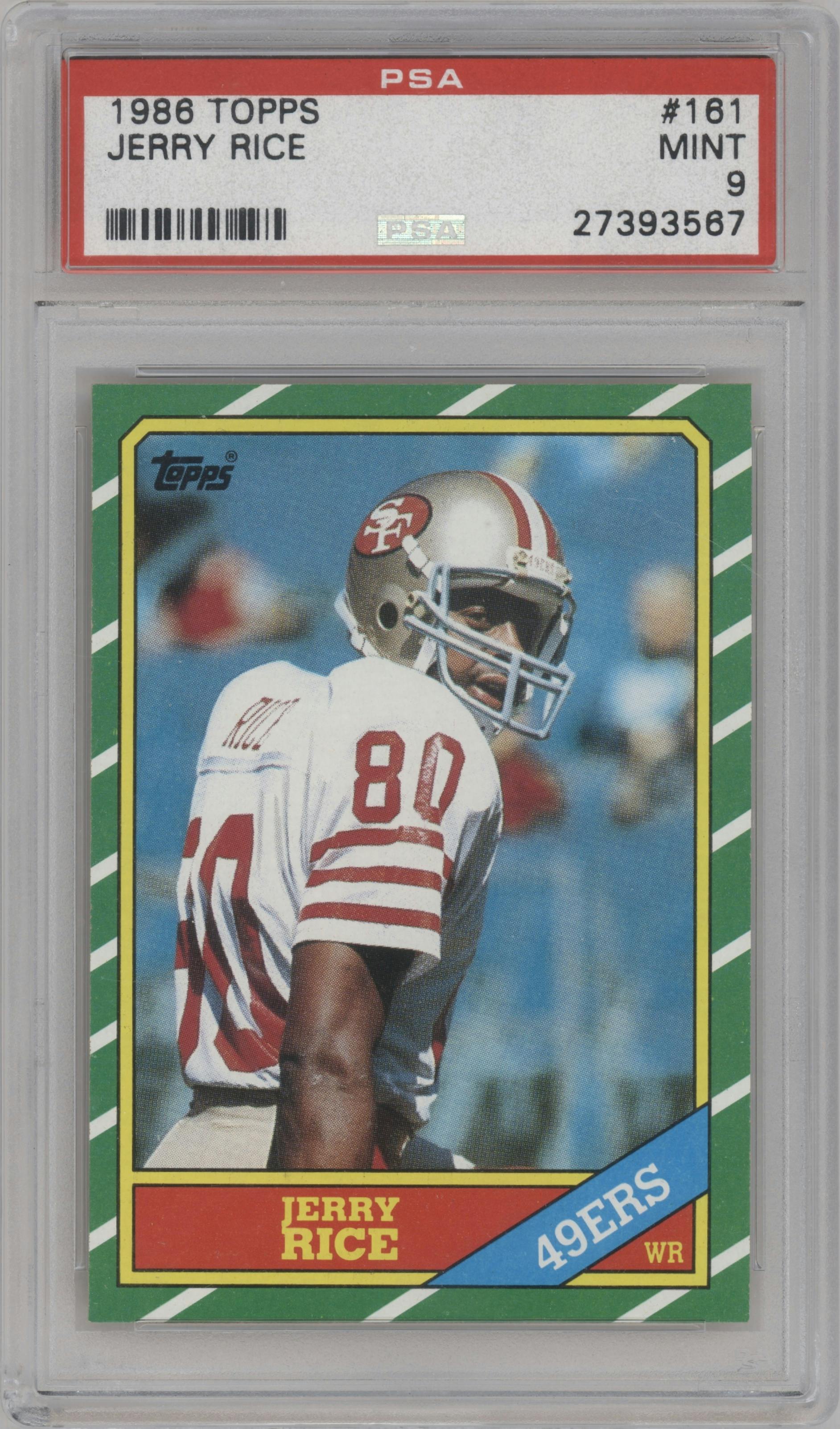 Jerry Rice from the 1986 Topps set graded by PSA and given an overall grade of 9.
