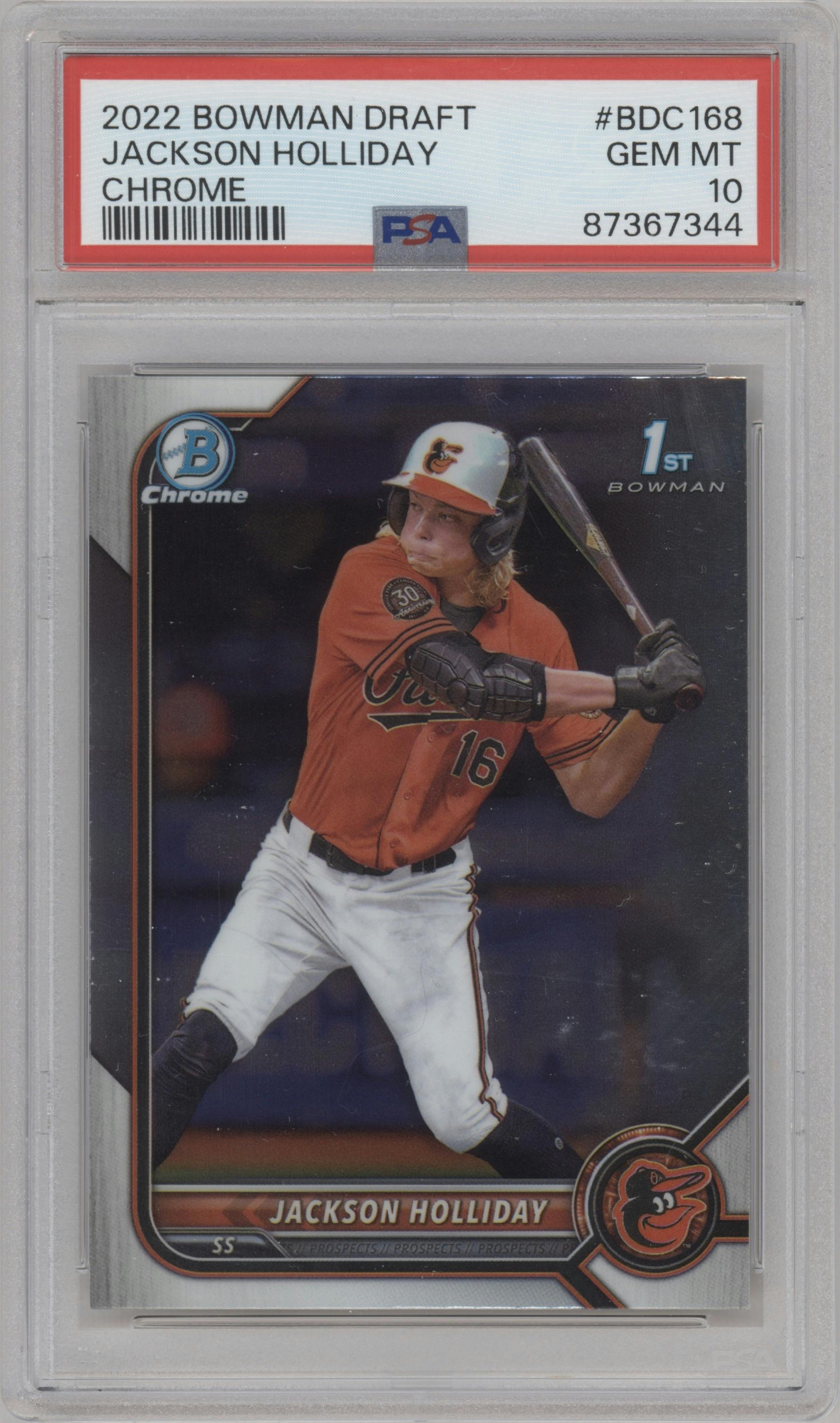 Jackson Holliday from the 2022 Bowman Draft set graded by PSA and given an overall grade of 10.
