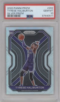 Tyrese Haliburton from the 2020-21 Panini Prizm set featuring a Silver Prizm parallel graded by PSA and given an overall grade of 10.