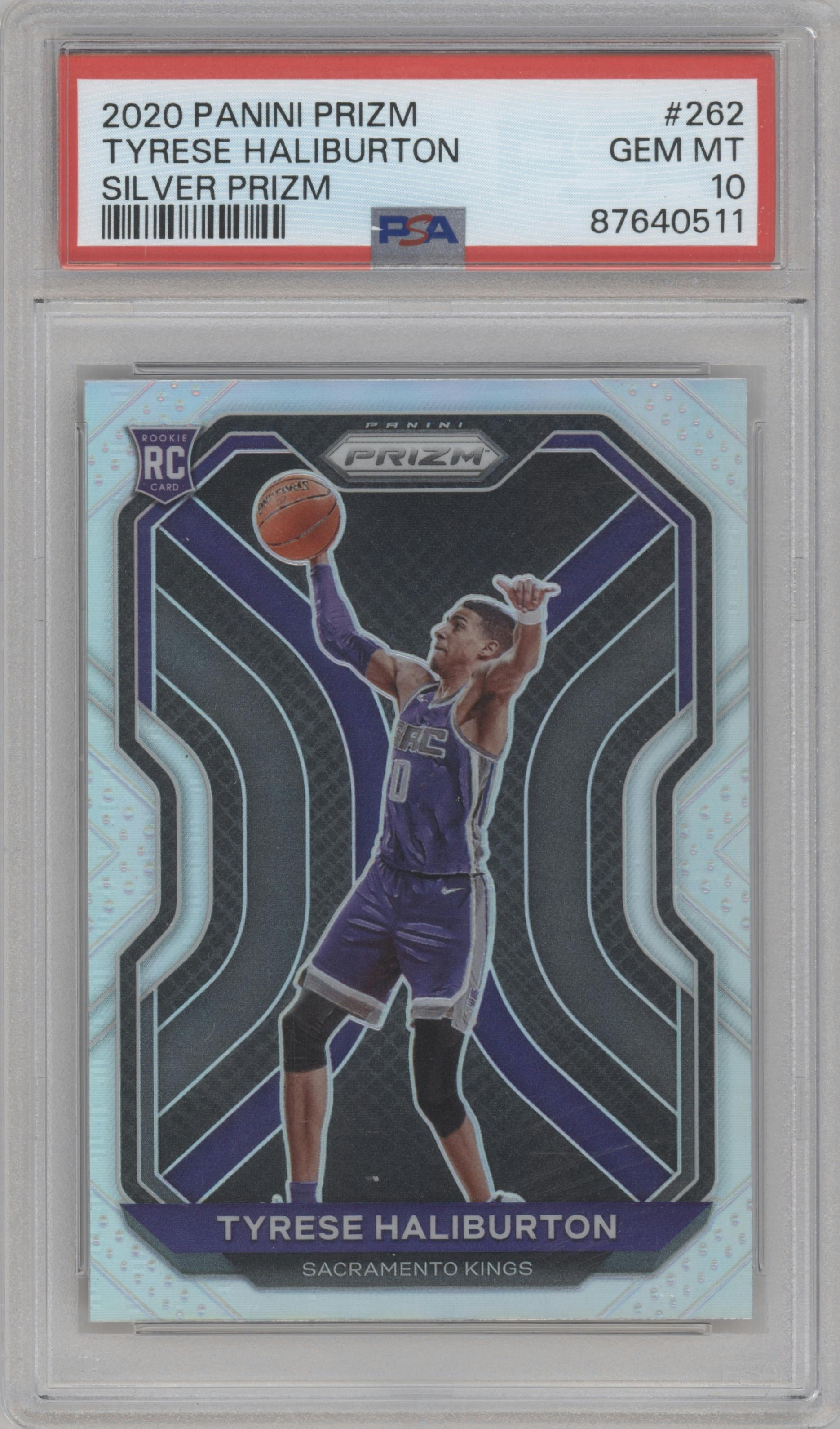 Tyrese Haliburton from the 2020-21 Panini Prizm set featuring a Silver Prizm parallel graded by PSA and given an overall grade of 10.