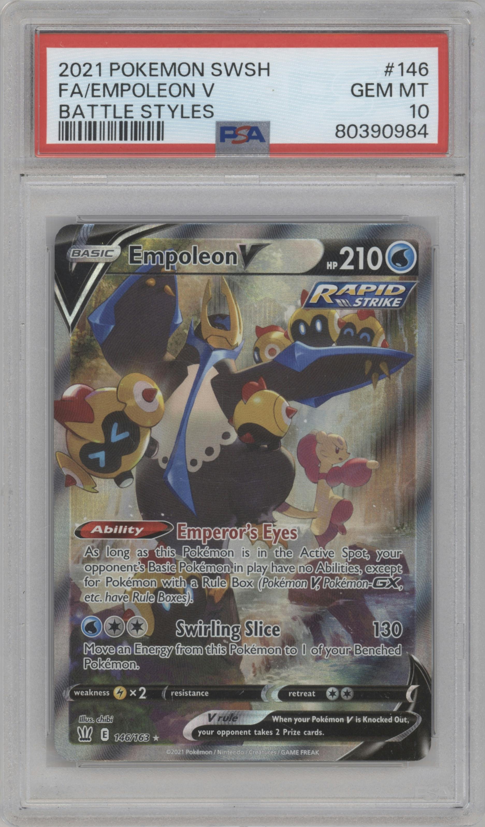 Empoleon V from the 2021 Pokemon SWSH set graded by PSA and given an overall grade of 10.