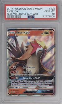 Entei GX from the 2017 Pokemon S&M set featuring a Legends of Johto GX Premium Collection parallel graded by PSA and given an overall grade of 10.