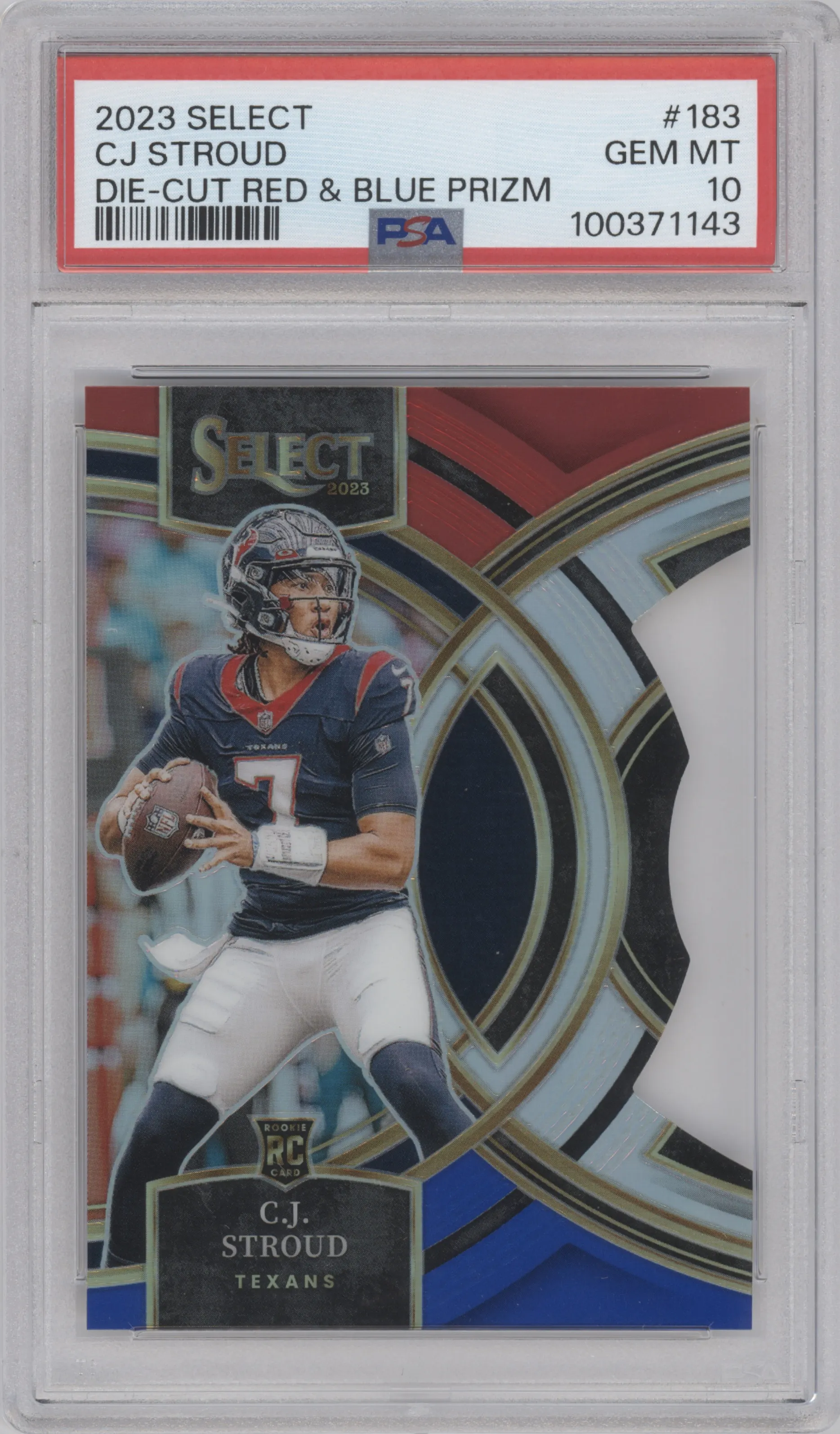 C.J. Stroud from the 2023 Panini Select set featuring a Die-Cut Red/Blue parallel graded by PSA and given an overall grade of 10.