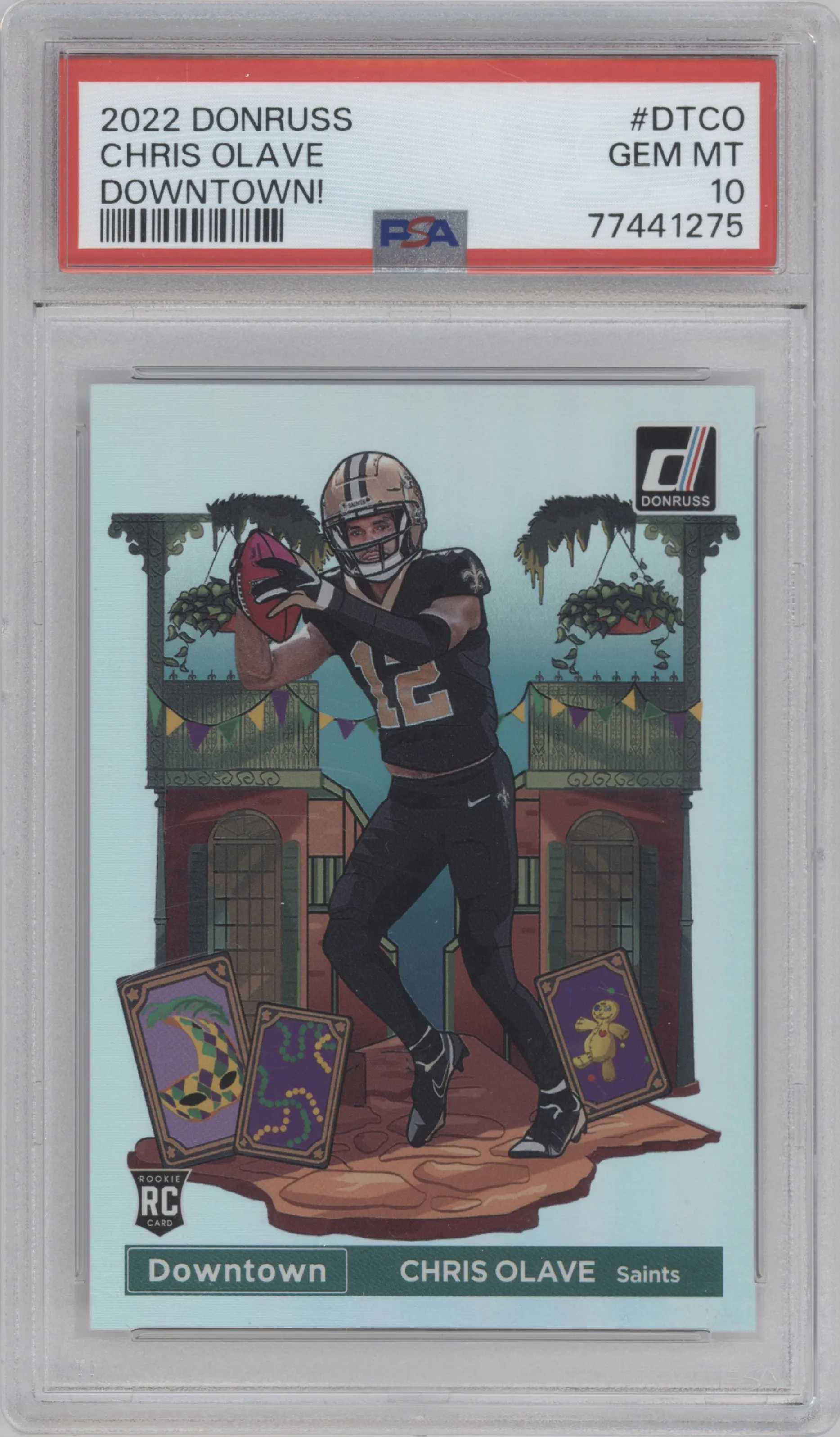 Chris Olave from the 2022 Panini Donruss set graded by PSA and given an overall grade of 10.