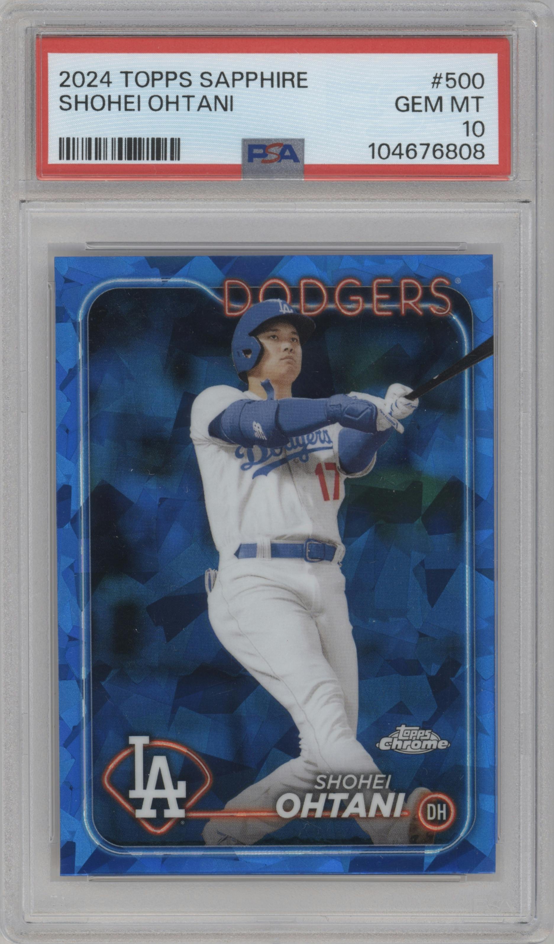 Shohei Ohtani from the 2024 Topps Chrome Sapphire set graded by PSA and given an overall grade of 10.