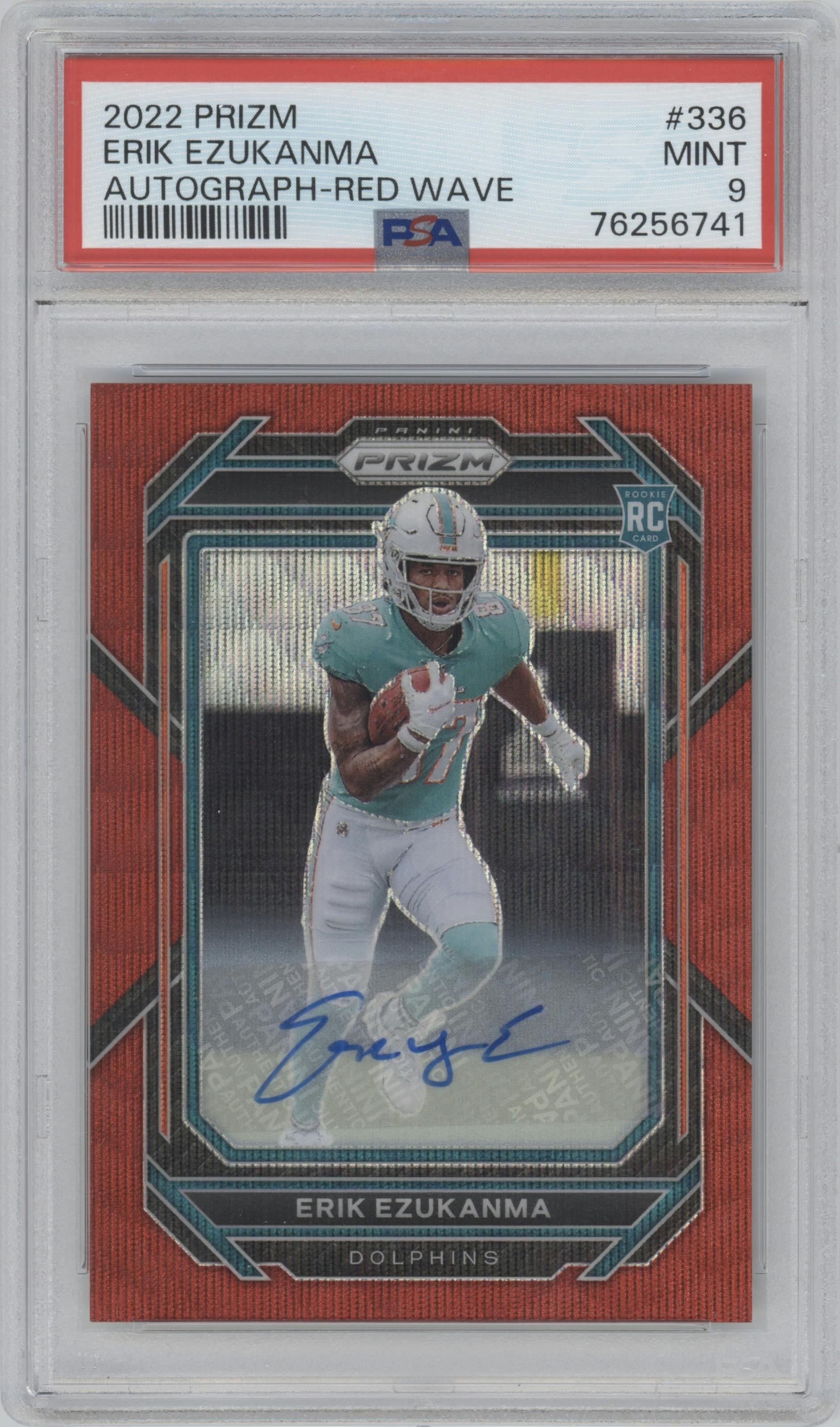 Erik Ezukanma from the 2022 Panini Prizm set featuring a Red Wave parallel graded by PSA and given an overall grade of 9.