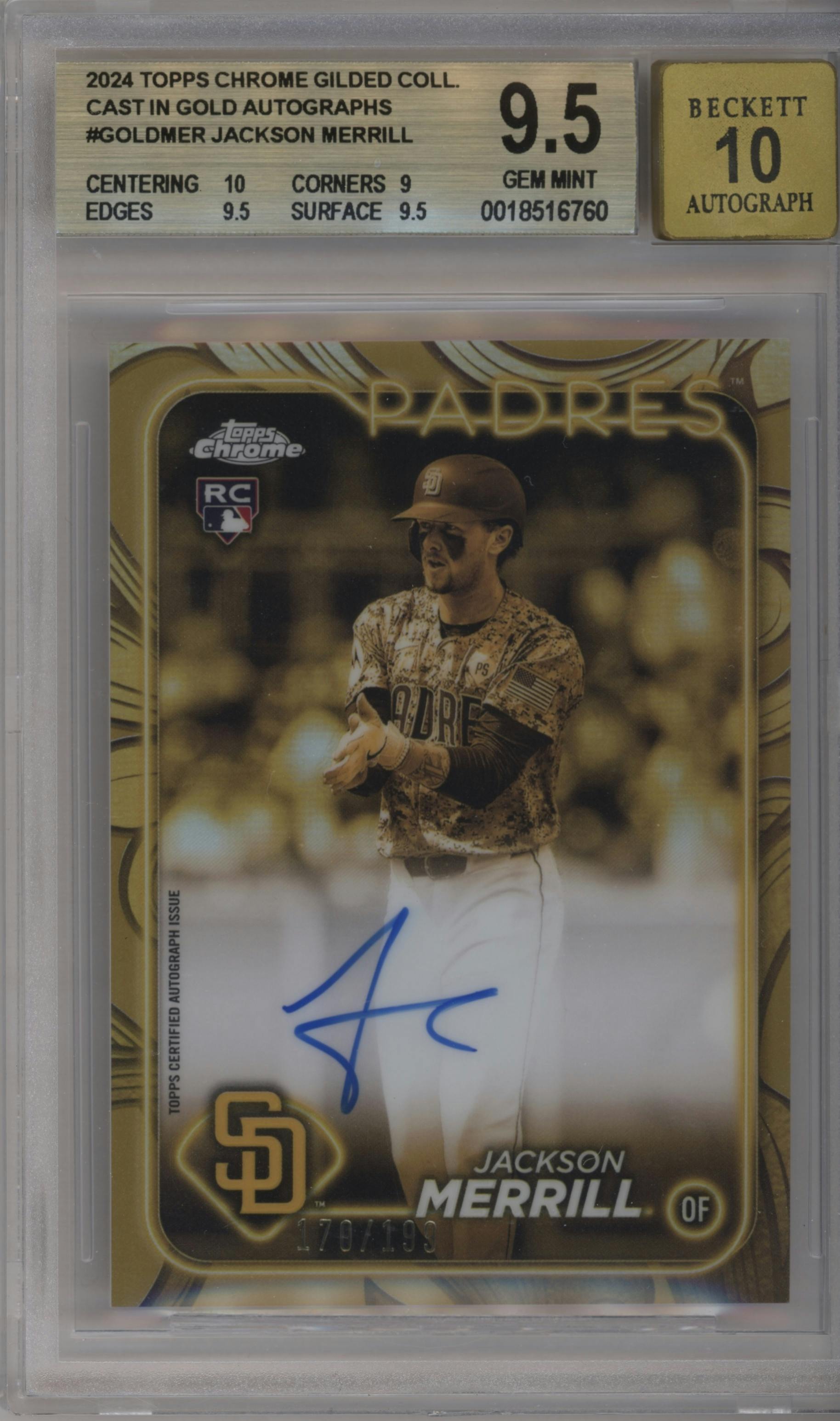 Jackson Merrill from the 2024 Topps Gilded Collection set graded by Beckett and given an overall grade of 9.5.