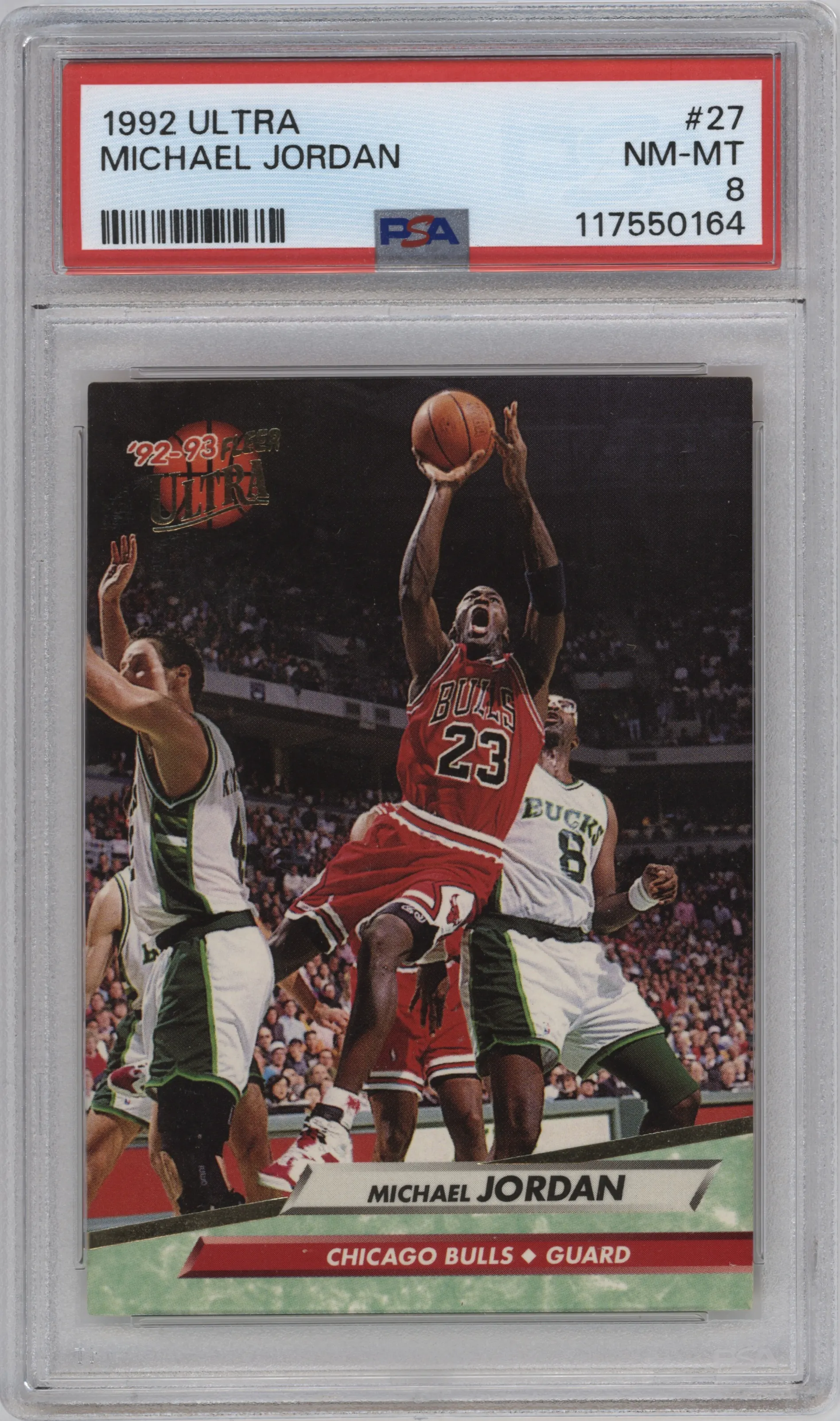Michael Jordan from the 1992-93 Fleer Ultra set graded by PSA and given an overall grade of 8.