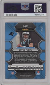 Bryce Young  from the 2023 Panini Mosaic set featuring a No Huddle Blue parallel graded by PSA and given an overall grade of 9.