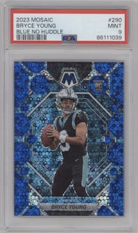 Bryce Young  from the 2023 Panini Mosaic set featuring a No Huddle Blue parallel graded by PSA and given an overall grade of 9.