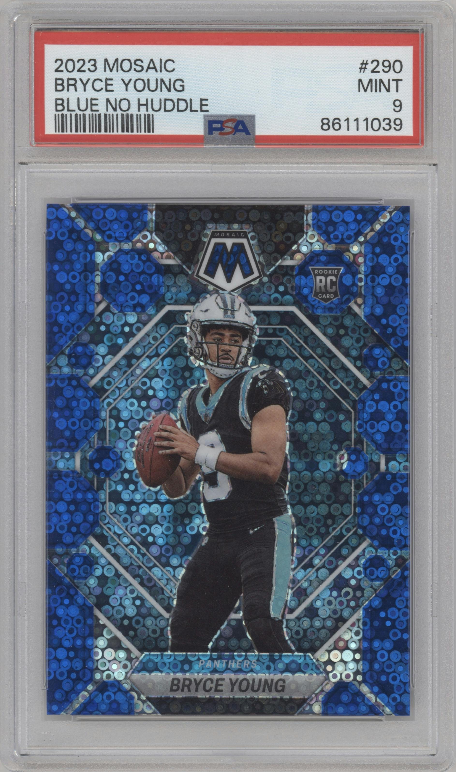 Bryce Young  from the 2023 Panini Mosaic set featuring a No Huddle Blue parallel graded by PSA and given an overall grade of 9.