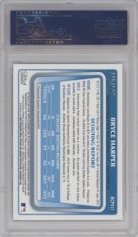 Bryce Harper from the 2011 Bowman Chrome set featuring a Refractor parallel graded by PSA and given an overall grade of 10.