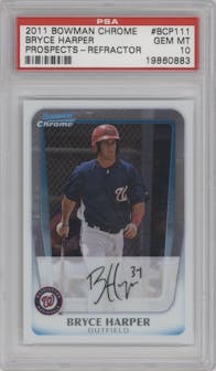 Bryce Harper from the 2011 Bowman Chrome set featuring a Refractor parallel graded by PSA and given an overall grade of 10.