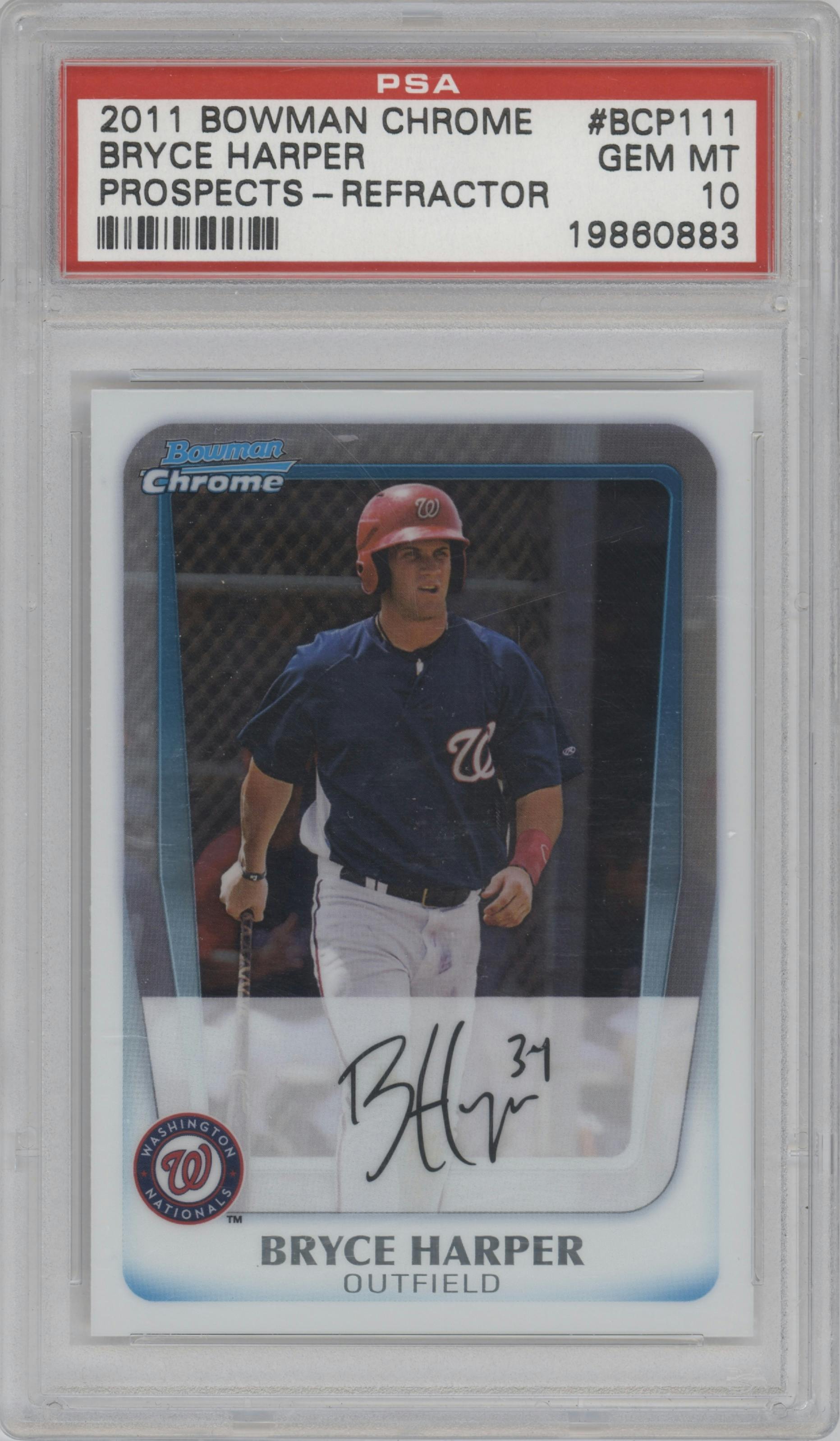 Bryce Harper from the 2011 Bowman Chrome set featuring a Refractor parallel graded by PSA and given an overall grade of 10.
