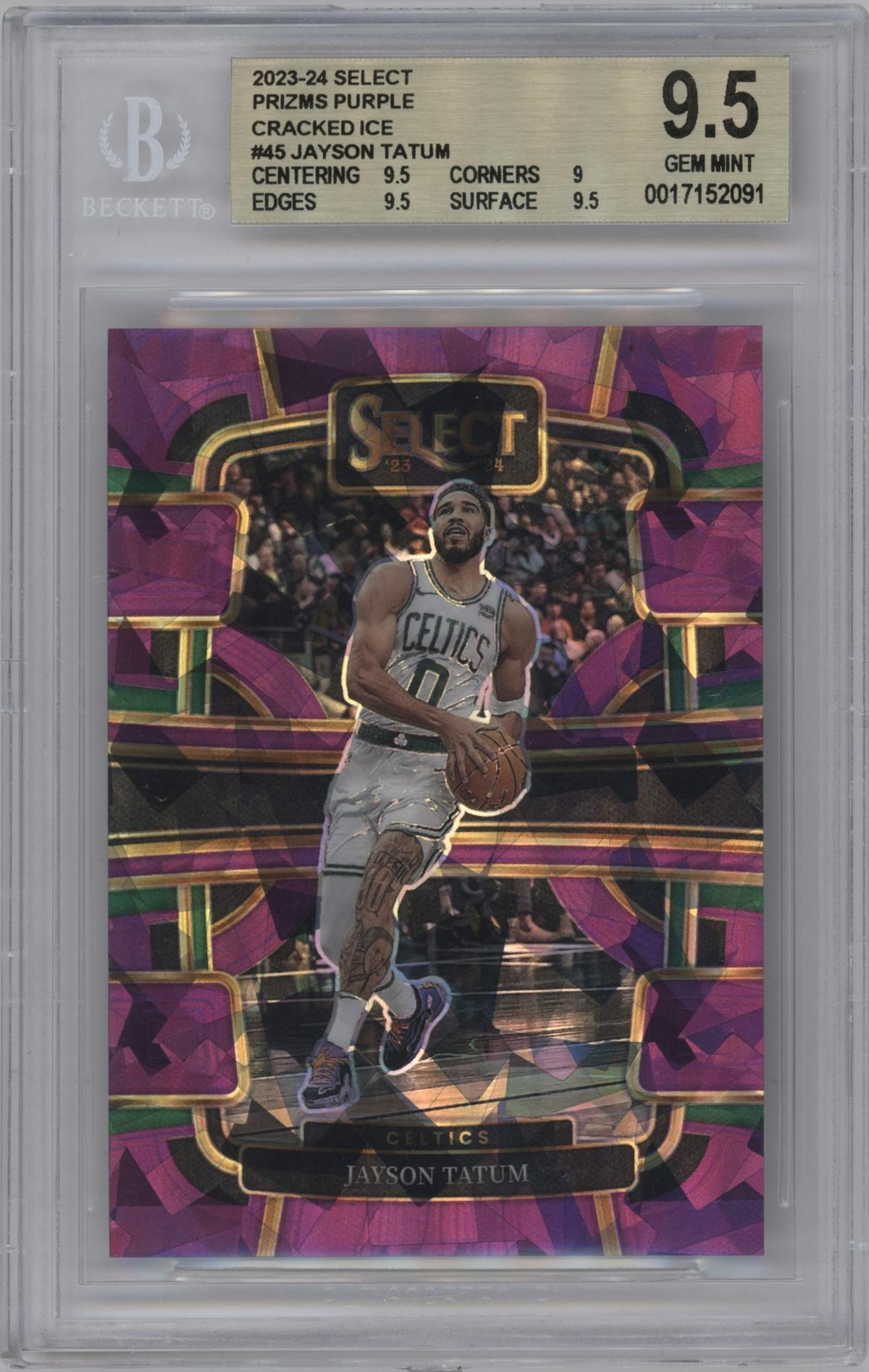 Jayson Tatum from the 2023-24 Panini Select  set featuring a Purple Cracked Ice Prizm parallel graded by Beckett and given an overall grade of 9.5.