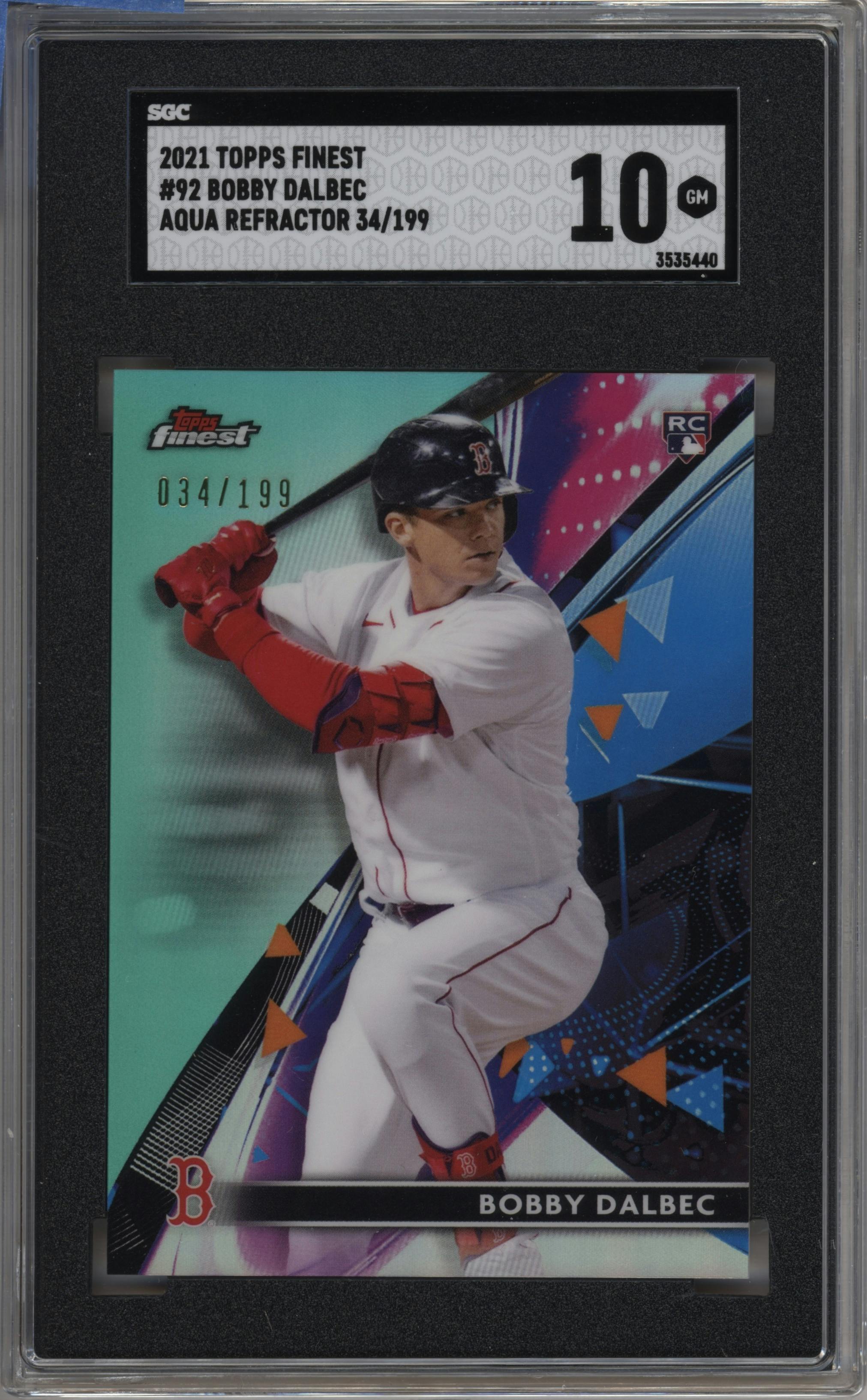 Bobby Dalbec from the 2021 Topps Finest set featuring a Aqua Refractor parallel graded by SGC and given an overall grade of 10.
