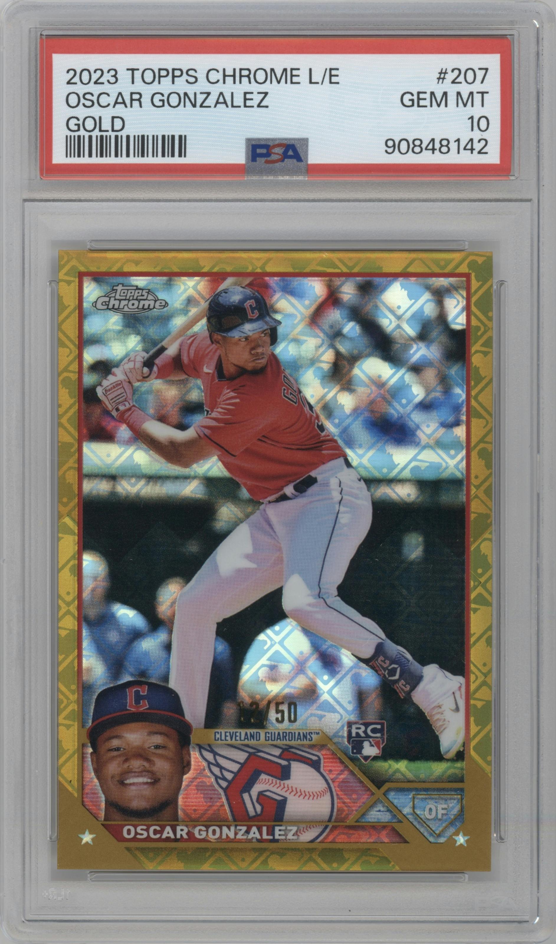Oscar Gonzalez from the 2023 Topps Chrome Logofractor Edition set featuring a Gold Refractor parallel graded by PSA and given an overall grade of 10.