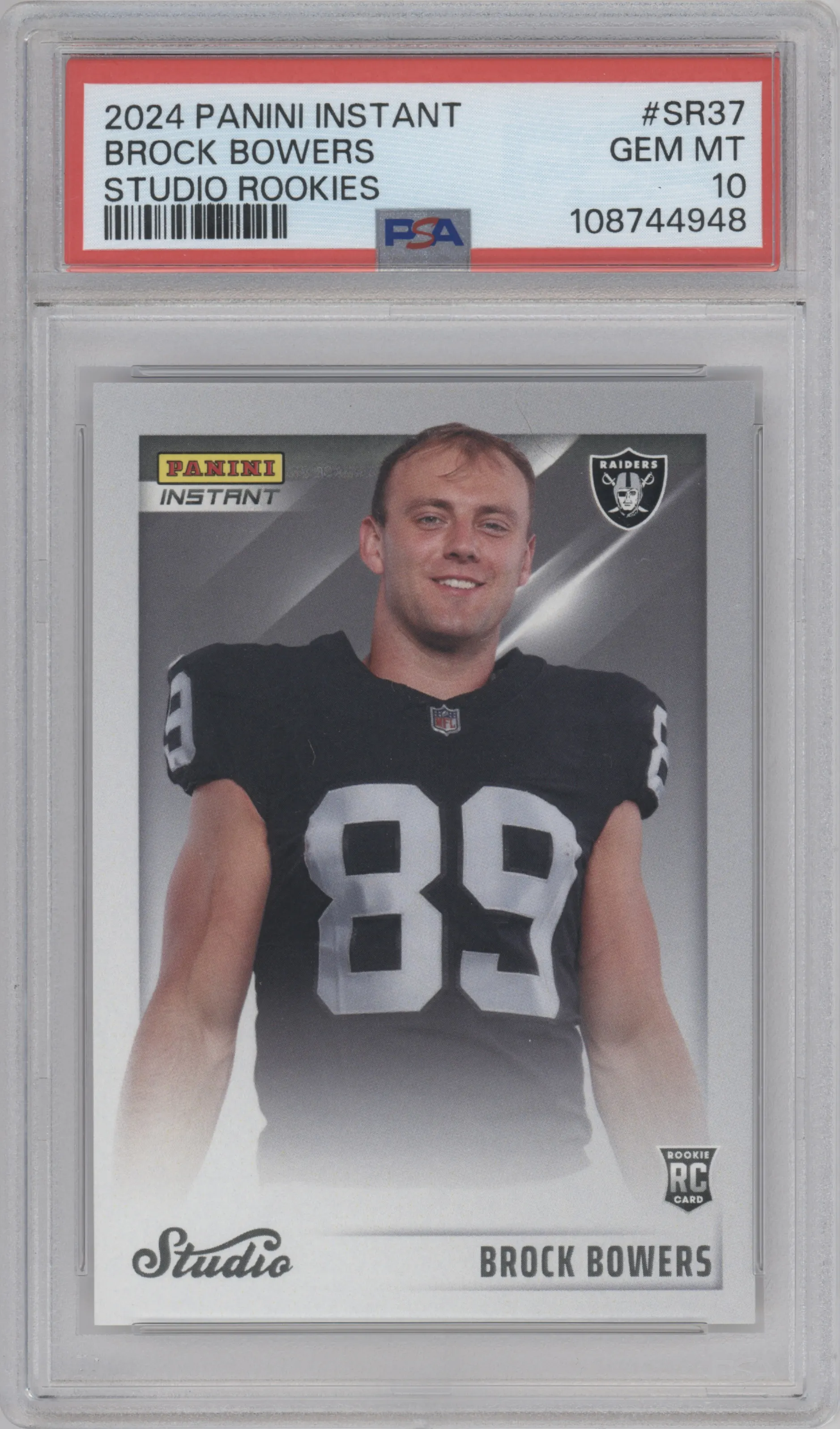 Brock Browers from the 2024 Panini Instant NFL Studio Rookies set graded by PSA and given an overall grade of 10.
