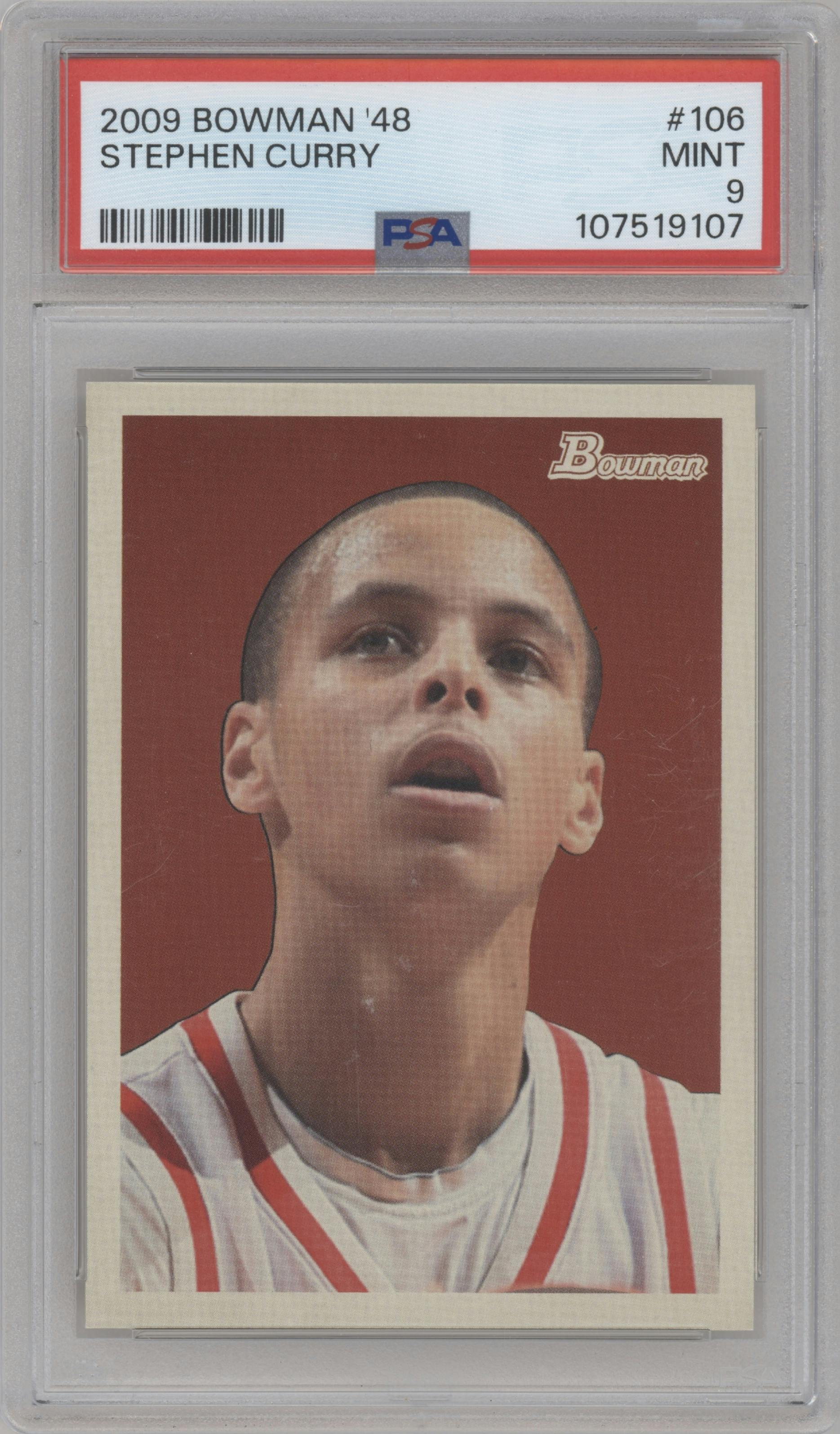 Stephen Curry from the 2009-10 Bowman '48 set graded by PSA and given an overall grade of 9.