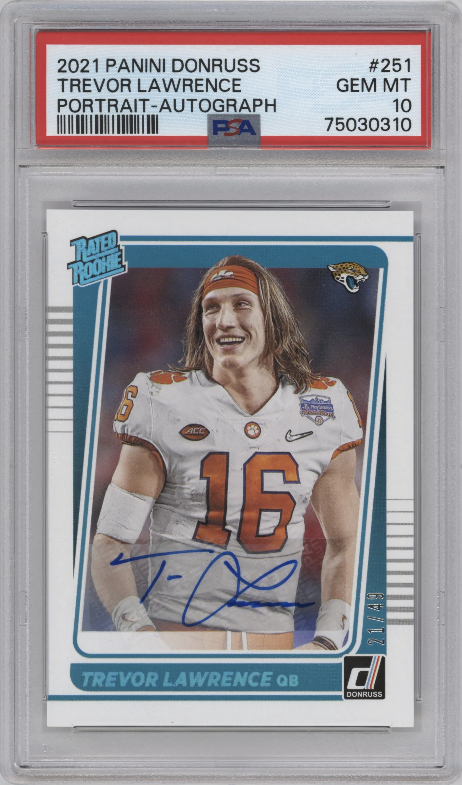 Trevor Lawrence from the 2021 Panini Donruss set graded by PSA and given an overall grade of 10.